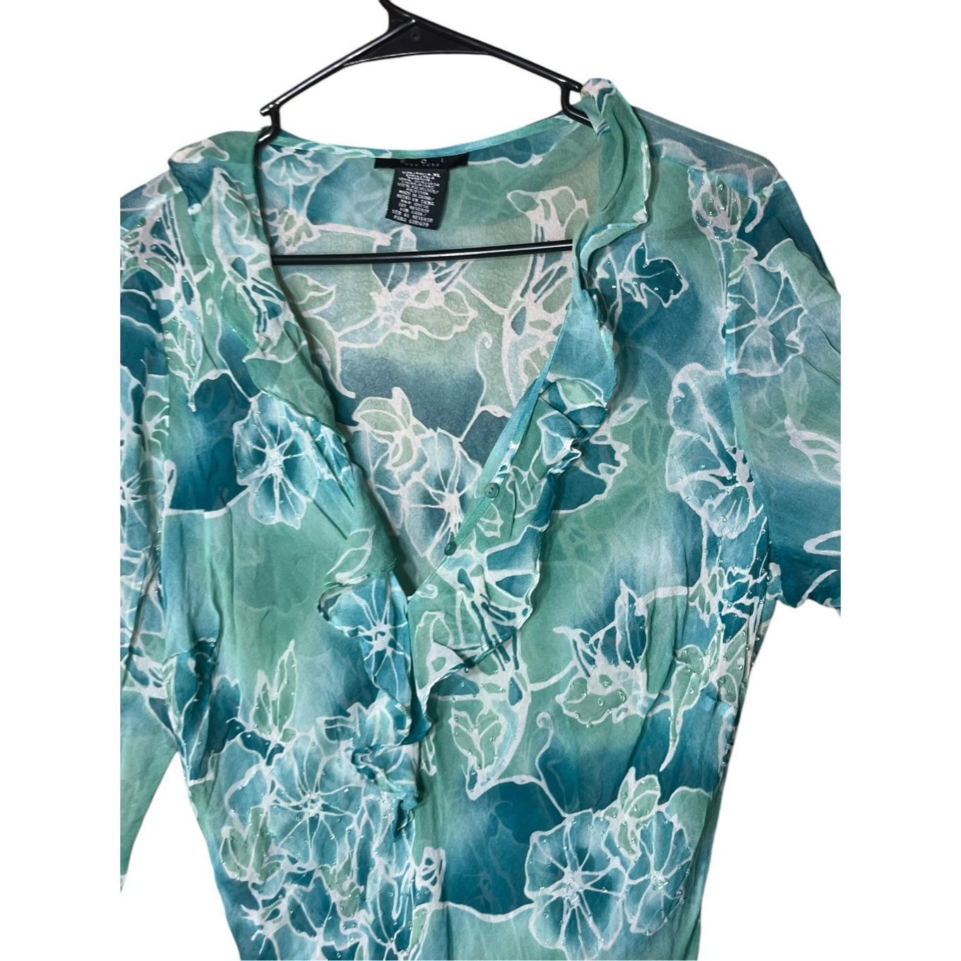 Other Vintage Y2K ECI New York Blue Floral Print Silk Chiffon Ruff Size XL / US 12-14 / IT 48-50 - 2 Thumbnail