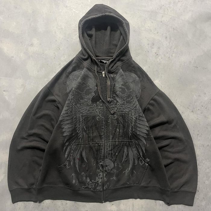 Hoodie Femme Affliction – Style Y2K, Cyber-Emo, Tie-dye Bleu, Croix Gothique, Taille S