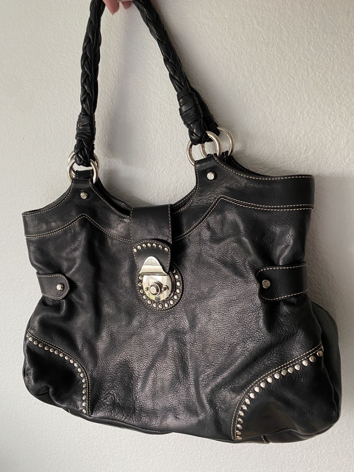 Y2K Vintage Francesco Biasia Black Leather Studded Hobo Bag