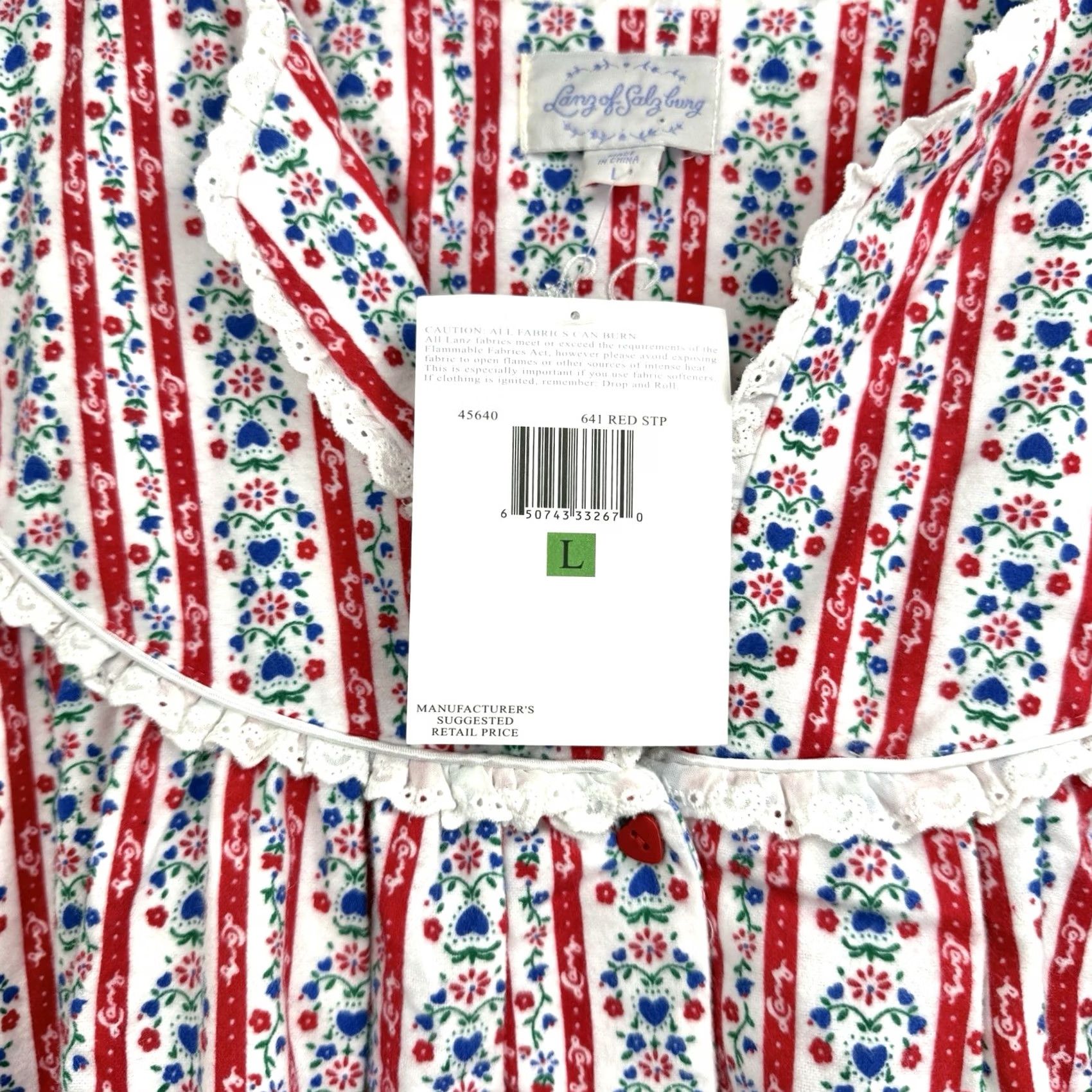 Vintage Lanz of Salzburg Nightgown Womens L Red Floral Striped Long Sleeve Heart NWT Size L / US 10 / IT 46 - 3 Thumbnail
