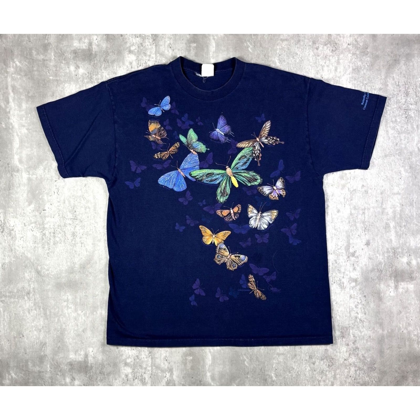 Fruit Of The Loom VINTAGE 90s Buttfly All Over Print Art Nature T Shirt Navy Blue Mens XL Graphic Print Cotton Crew Neck Short Sleeve Fruit of the Loom Regular Size US XL / EU 56 / 4 - 2 Thumbnail
