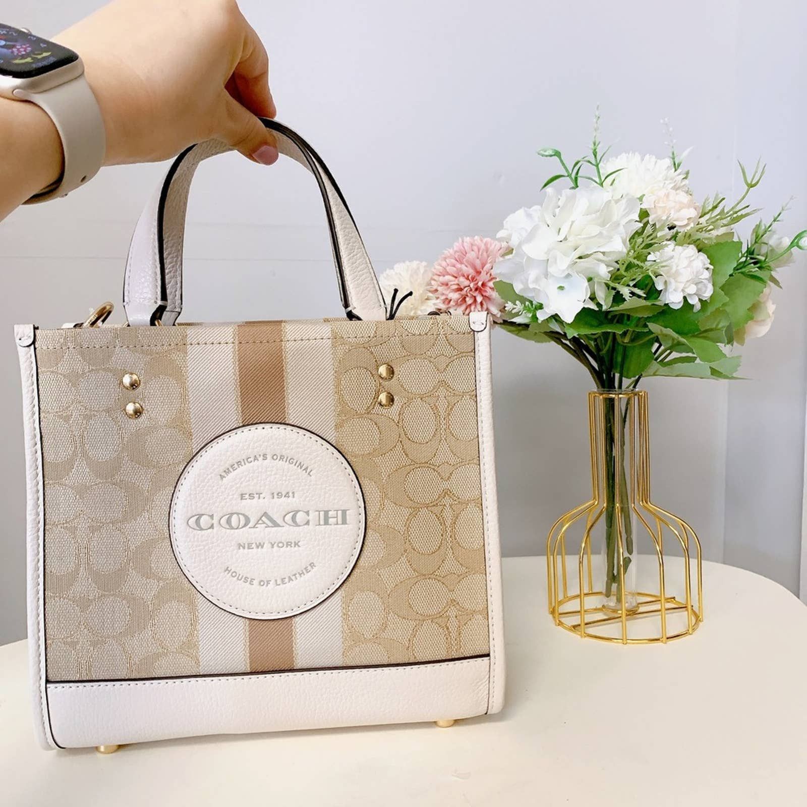 image of Coach C8417 Dempsey Tote 22 In Sig With Stripe Coach Patch in White, Women's