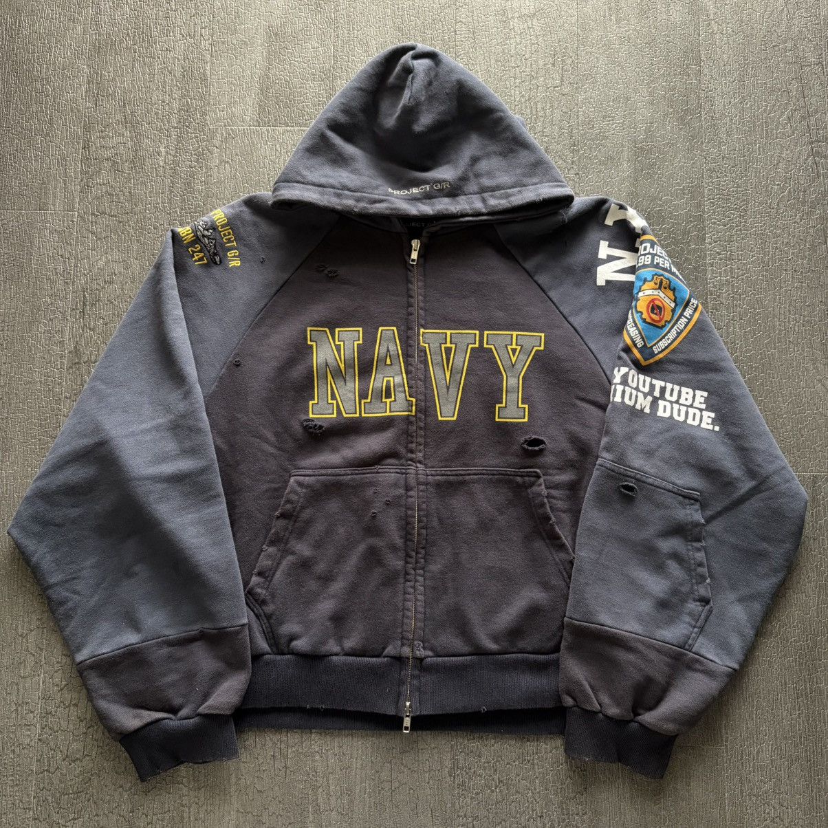 PROJECT G/R Project GR RECONSTRUCTED FOLDED ZIP HOODIE - Navy
