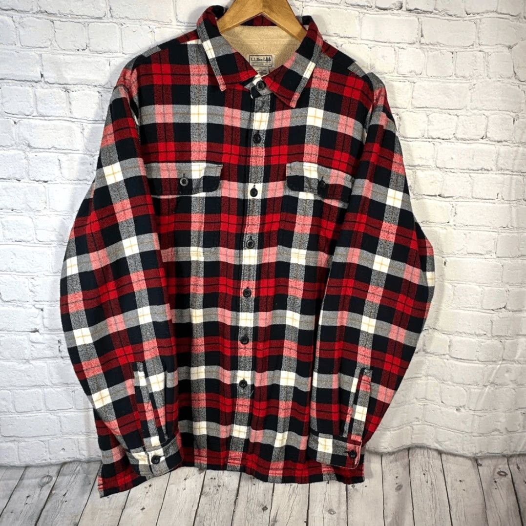 Vintage LL Bean Shirt Mens Large Red Black Plaid Winter Warm Fleece-Lined Flannel Chore Size US L / EU 52-54 / 3 - 2 Thumbnail