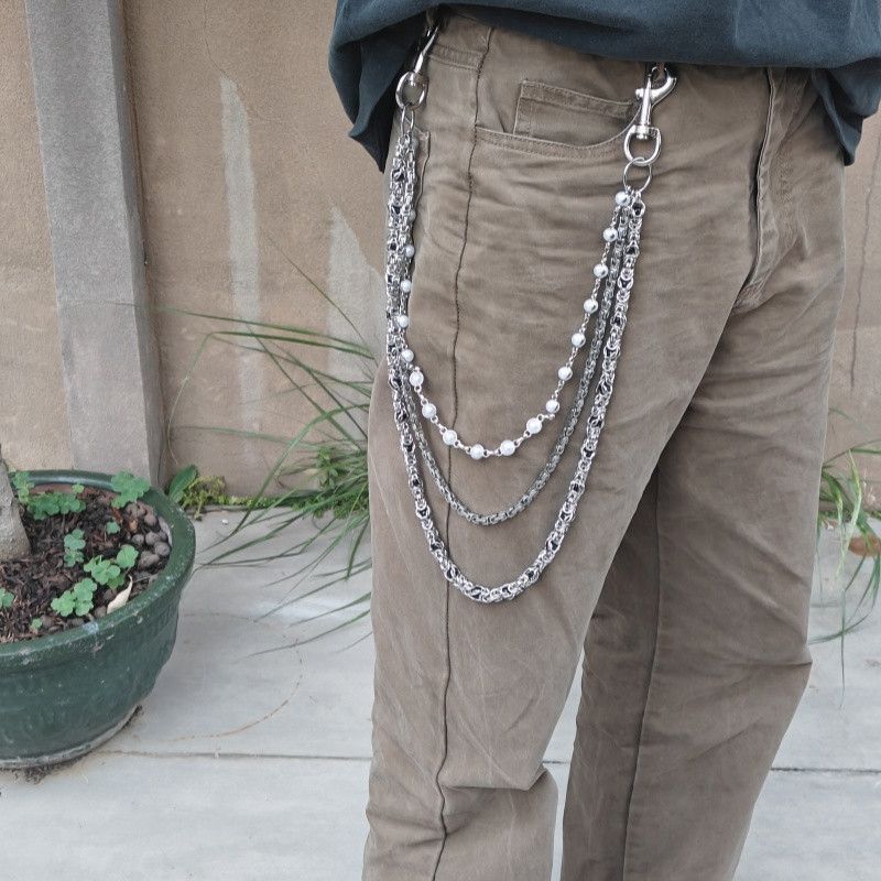 Jewelry 3 Layer Natural Echo Pearled Wallet Chain in Silver, Men's