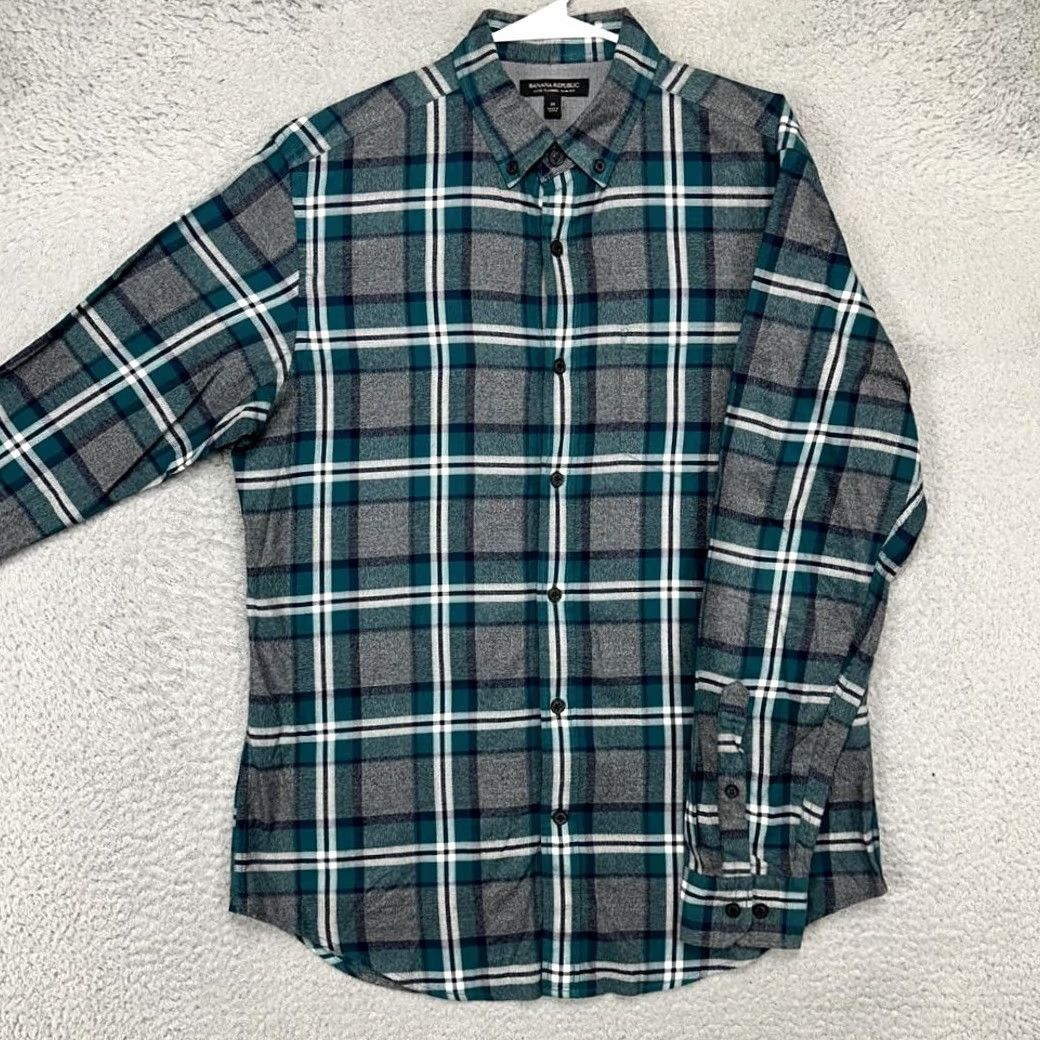 Banana Republic Banana Republic Luxe Flannel Shirt Mens Medium Grey Teal Plaid Slim Button Down Size US M / EU 48-50 / 2 - 4 Thumbnail