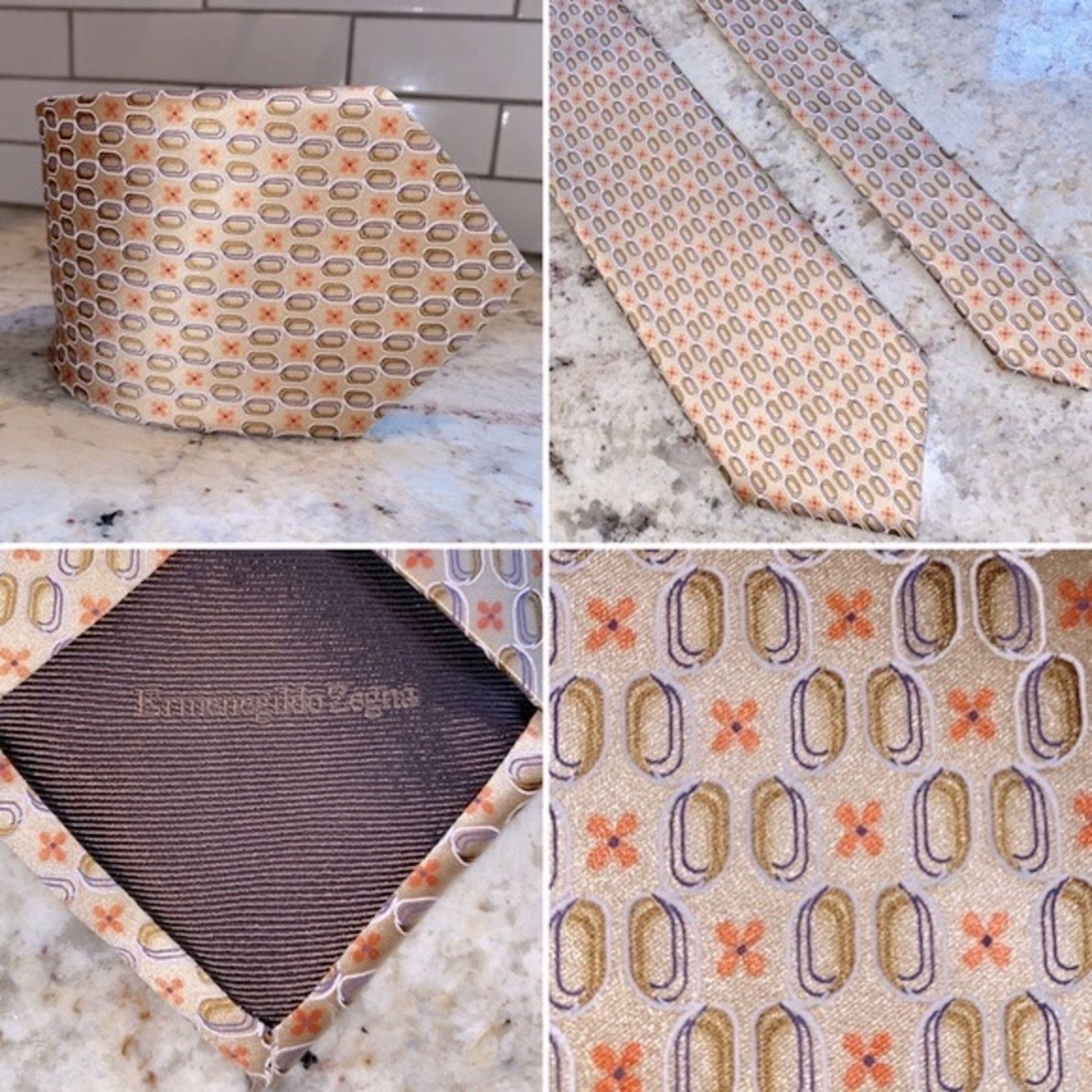 Ermenegildo Zegna $220 Ermenegildo Zegna 100% Silk Tie Italy Tan Orange Print Size ONE SIZE - 1 Thumbnail