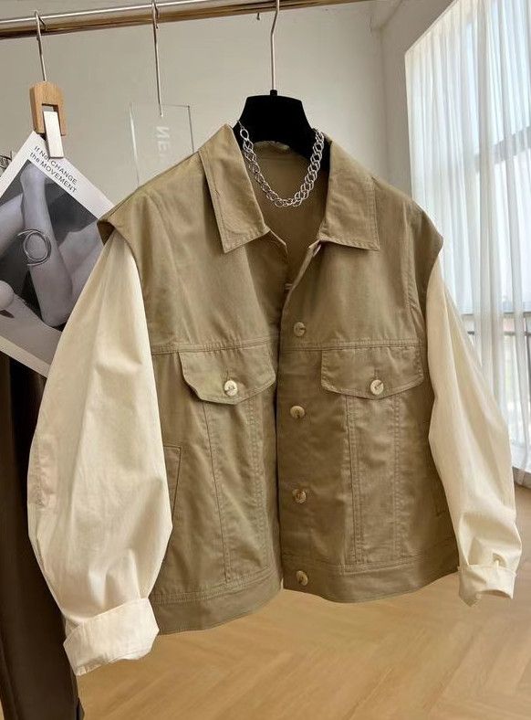 Vintage Khaki Contrast Sleeve Fake Two-Piece Utility Jacket Size US M / EU 48-50 / 2 - 2 Thumbnail