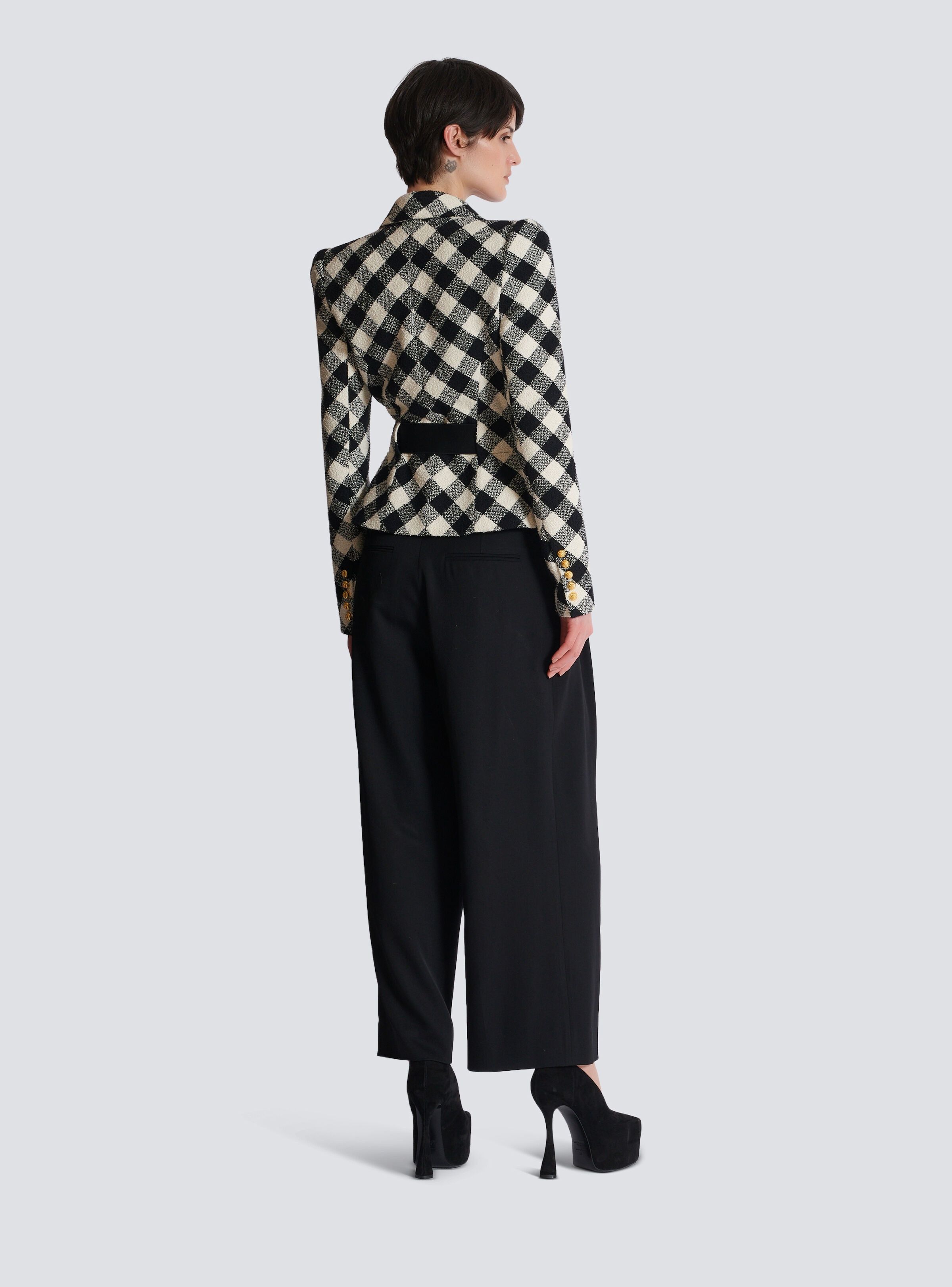 Balmain o1s1wg111025 Belted Gingham Tweed Jacket in Black/White Size M / US 6-8 / IT 42-44 - 4 Thumbnail