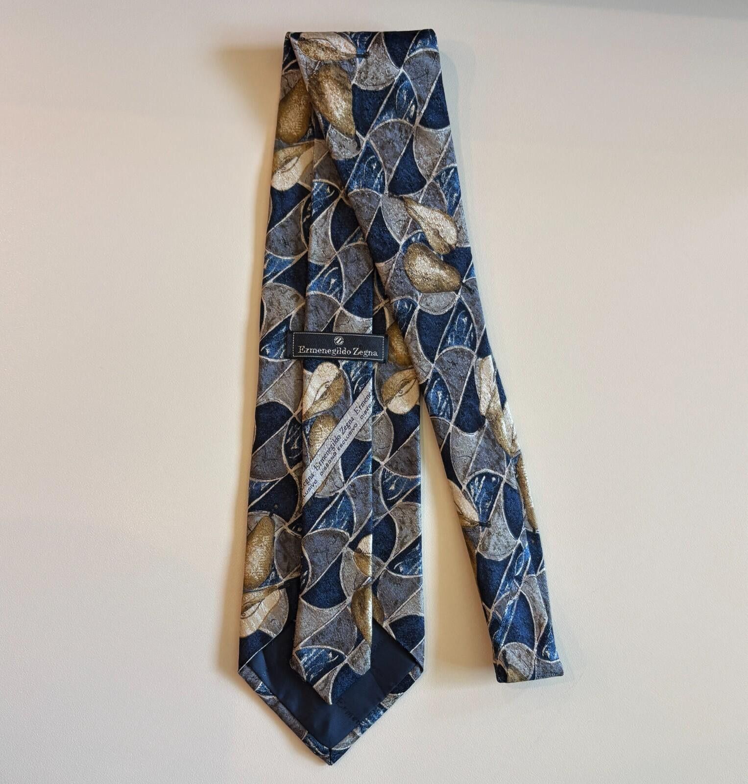 Ermenegildo Zegna Ermenegildo Zegna Tie Silk Navy Blue Grey Gold Pear Italy Size ONE SIZE - 2 Thumbnail