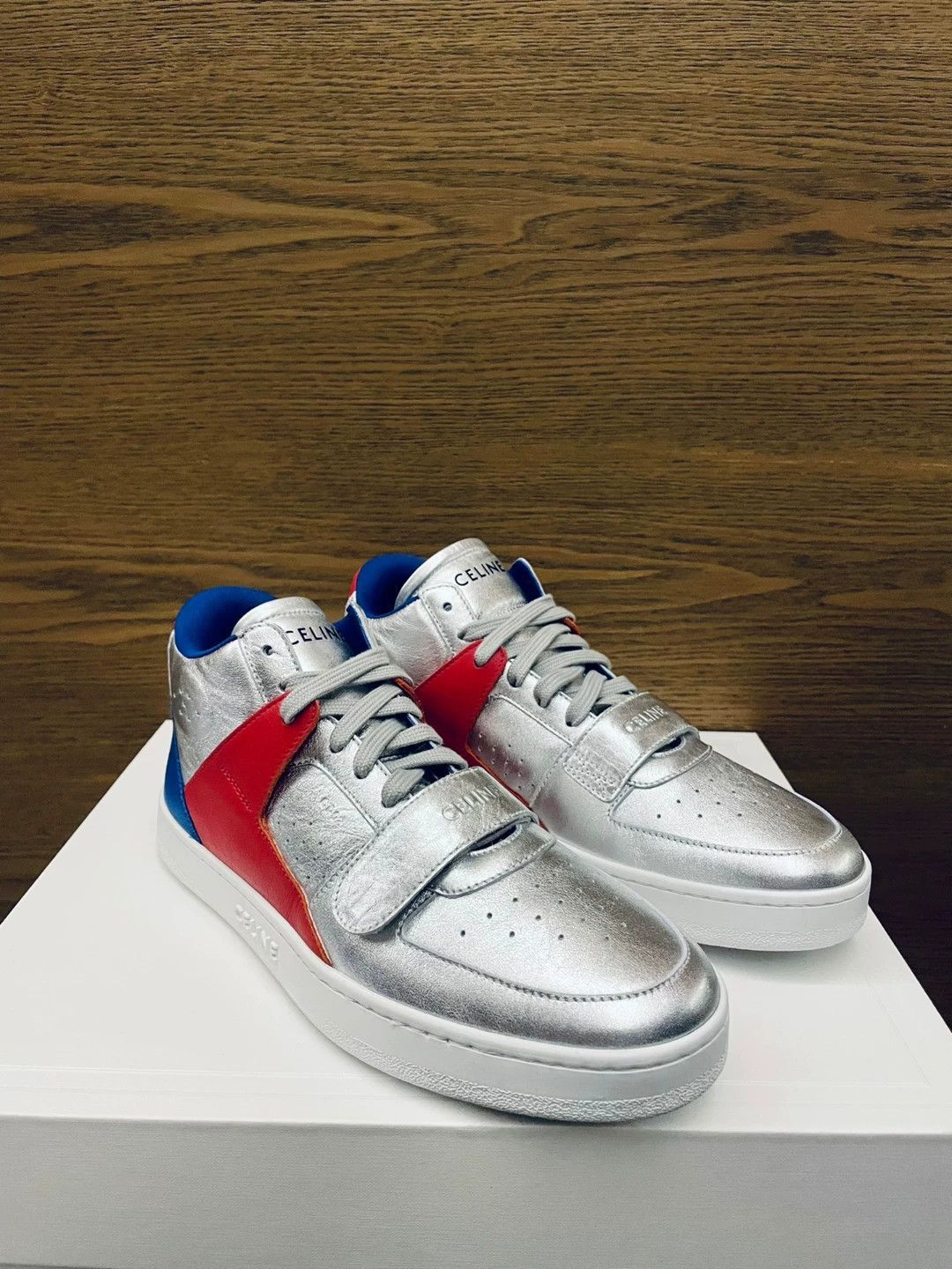 Celine Silver High-Top Sneakers with Red/Blue Accents Size US 8 / EU 41 - 1 Thumbnail