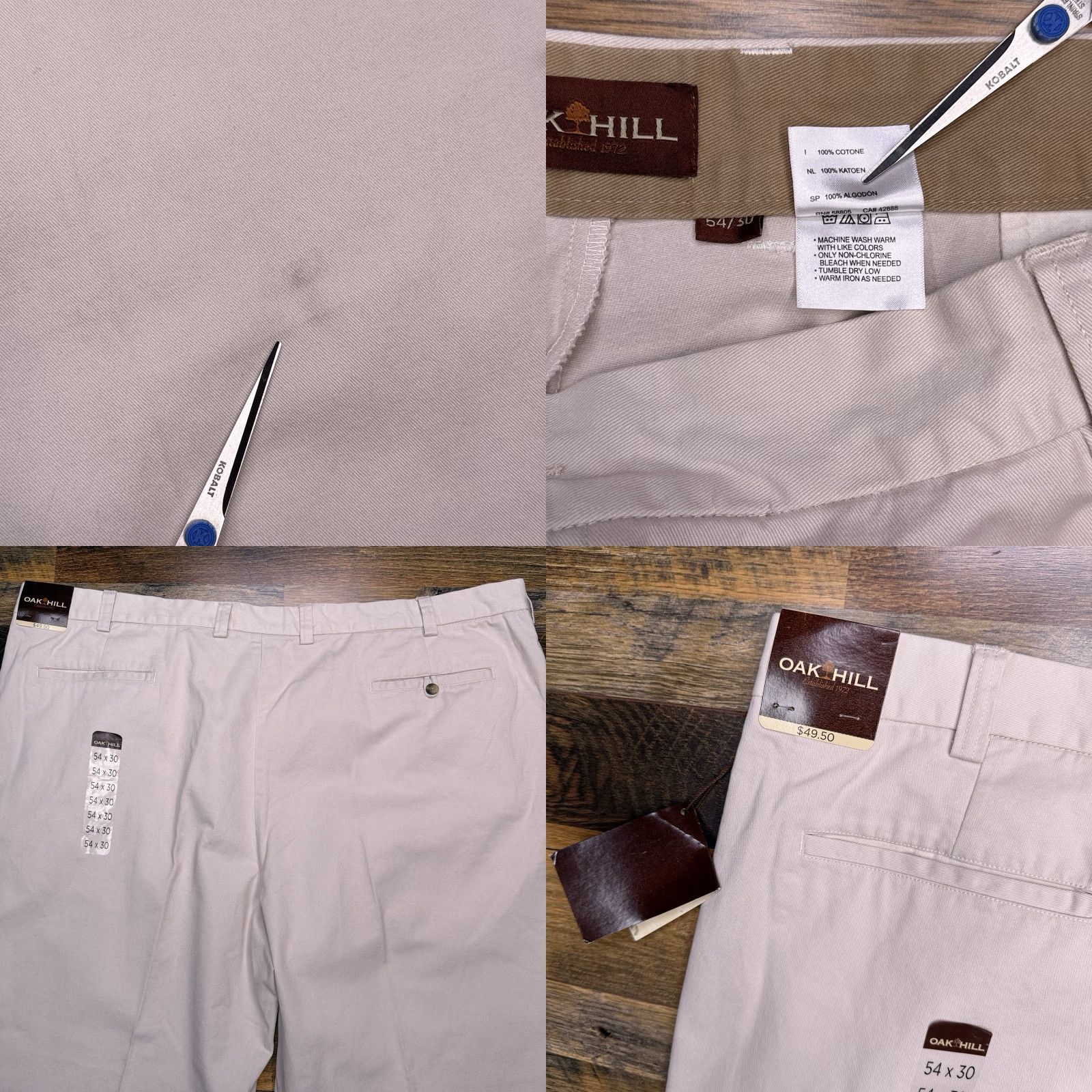 Vintage Oak Hill Chino Pants Mens 54x30 Khaki Brown Flat Front New 54 Brown Cotton Twill Workwear, Travel, Formal Slant Pocket Straight Leg Big & Tall Mens Size US 38 / EU 54 - 8 Thumbnail