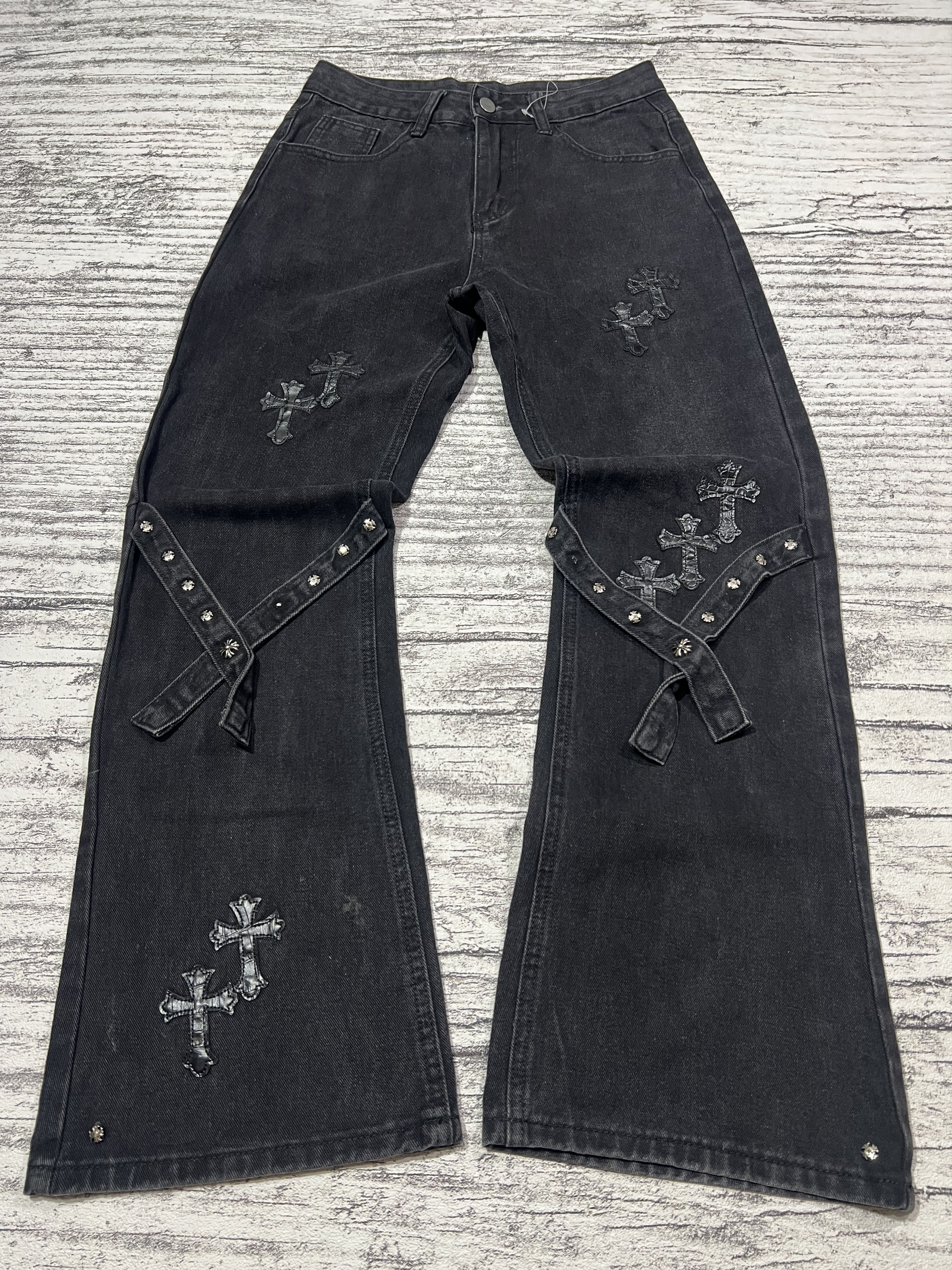 Japanese Brand 2000s Y's Cross Leather Studded Bootcut Flare y2k Lgb Ifsix Size US 27 - 1 Thumbnail