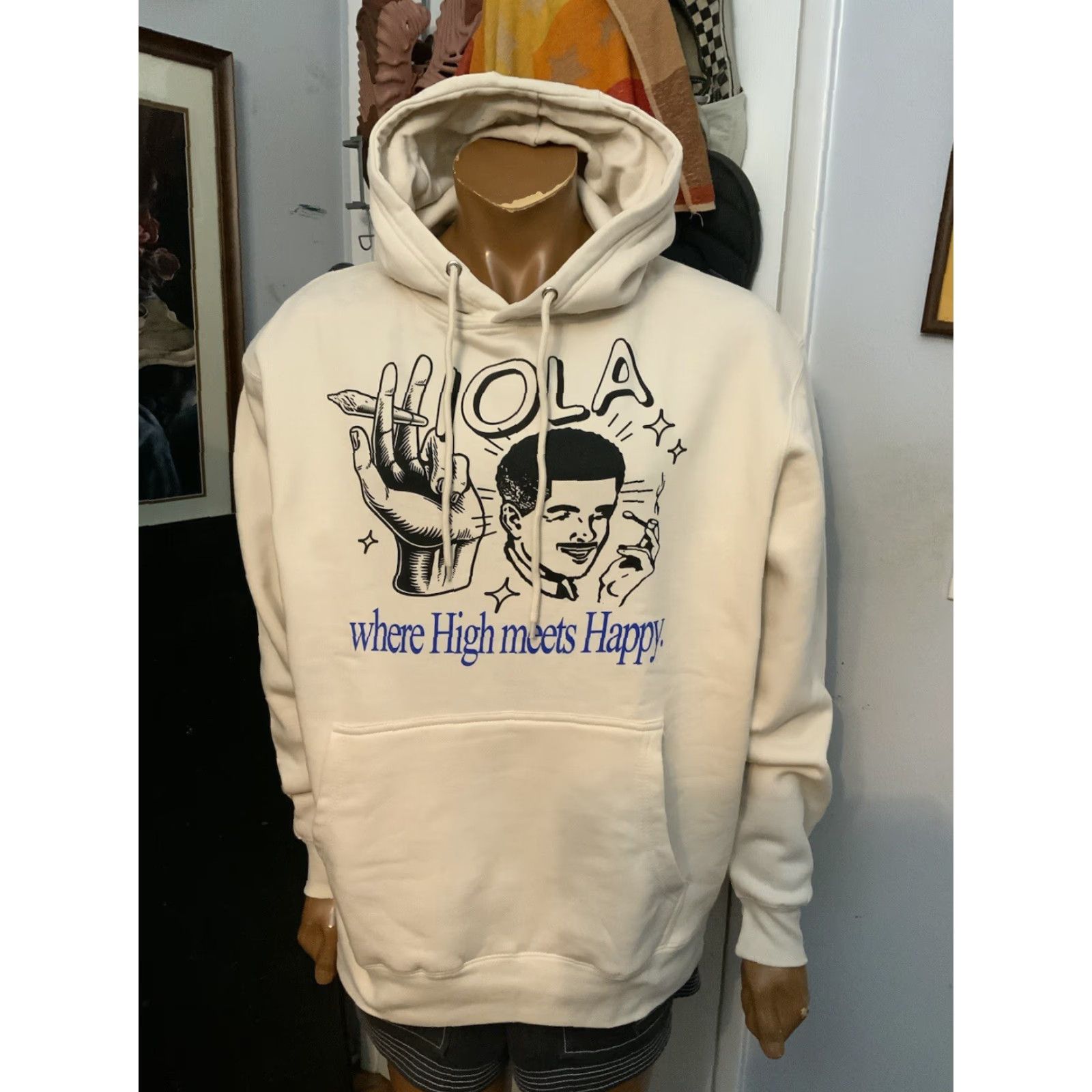 Vintage NWOT Viola Where High Meets Happy Cannabis Smoking Joint Pullover Hoodie Mens XL Beige Size US XL / EU 56 / 4 - 7 Thumbnail