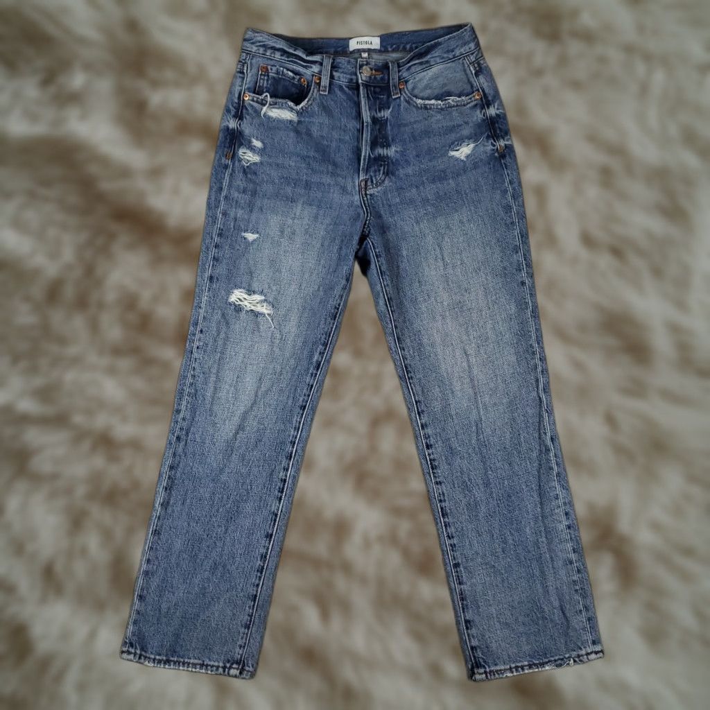 Pistola Pistola Jeans Womens Size 27 Blue Distressed Straight Leg Denim Pants 27x26 Adult Women Regular Rise Modern American 90s Style Mens Womens Boys Girls Size 27" / US 4 / IT 40 - 1 Thumbnail