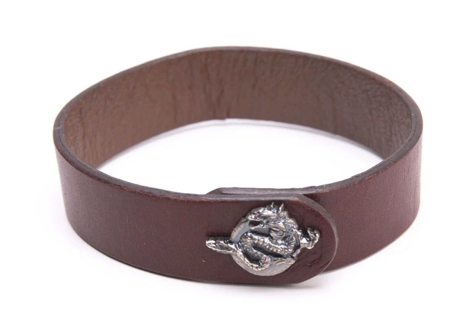 Dragon Button Leather Bracelet in Dark Brown
