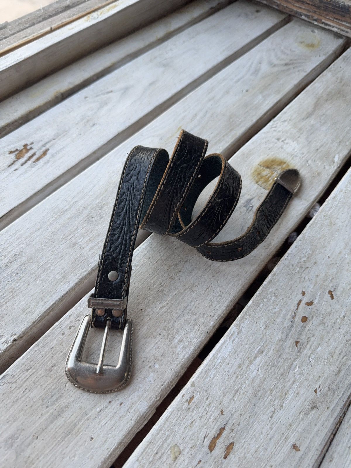 Designer × Japanese Brand × Vintage Vintage Western Black Leather Belt Design Silver Buckle Size ONE SIZE - 1 Thumbnail