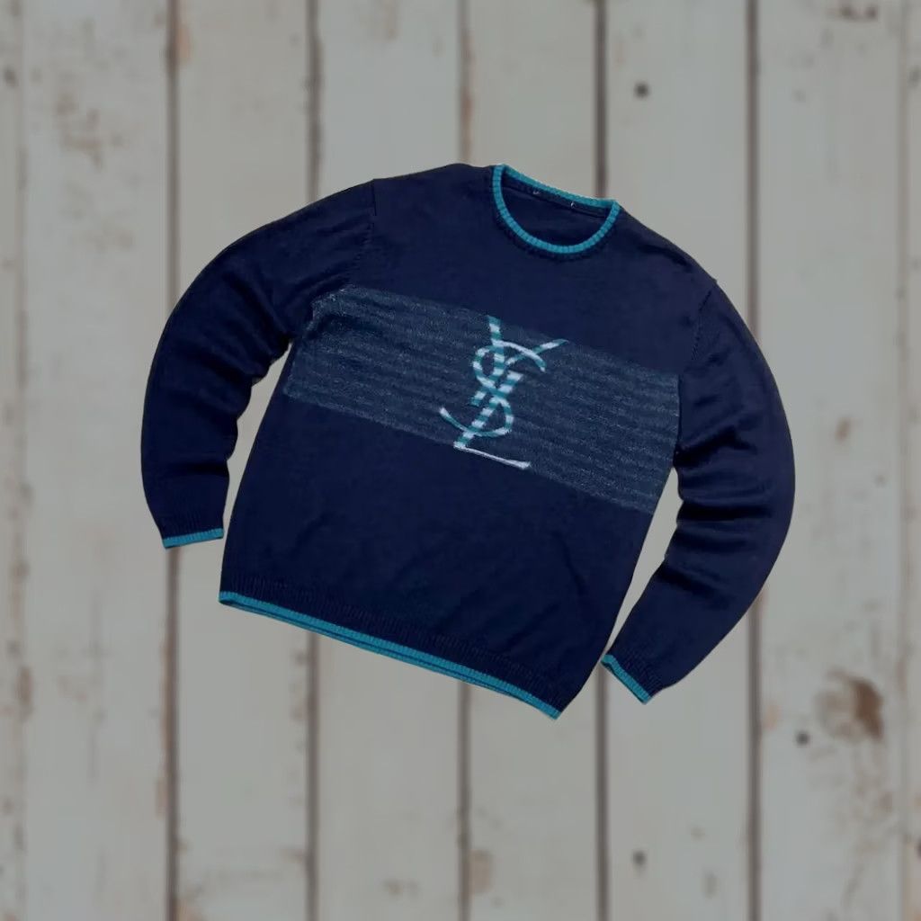Yves Saint Laurent VINTAGE Saint Laurent Sweater Wool Big Logo YSL Luxury Men Size L Blue Pullover Crew Neck Knit Logo 90s Size US L / EU 52-54 / 3 - 1 Thumbnail