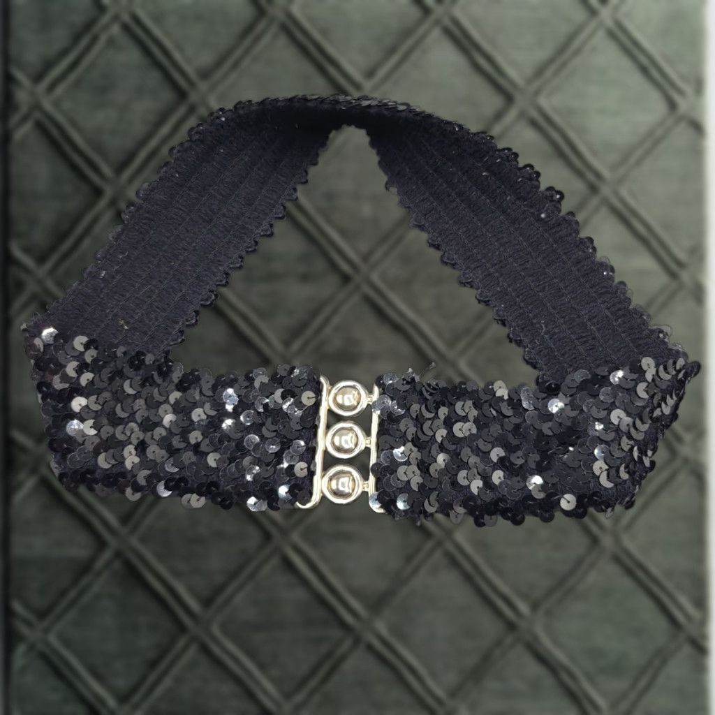Vintage VINTAGE Black Sequin Elastic Stretch Belt Metal Clasp Closure Women One Size Black Womens Belt Sequin Stretch Size ONE SIZE - 1 Thumbnail