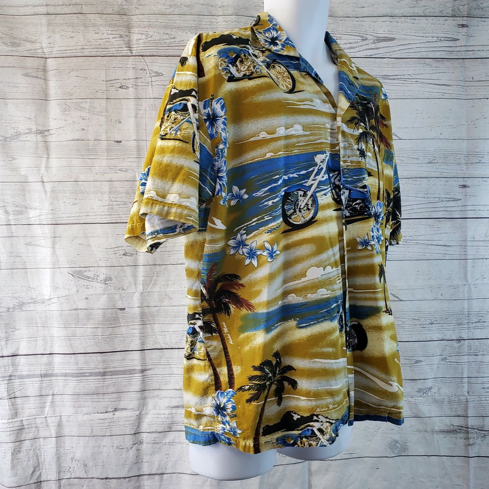ALOHAS Aloha Fashion Mens Hawaiian Shirt Sz Large Blue Mustard Short Sleeve Button-Up Casual 90s Theme Mens Size US L / EU 52-54 / 3 - 3 Thumbnail