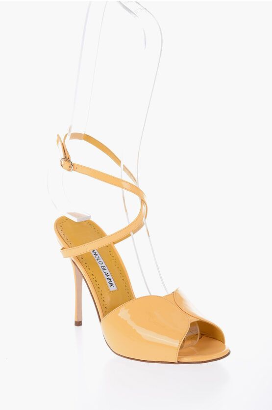 image of Manolo Blahnik Patent Leather Hourani Ankle-Strap Sandals Heel Shoes 10.5Cm in Yellow, Women's (Siz