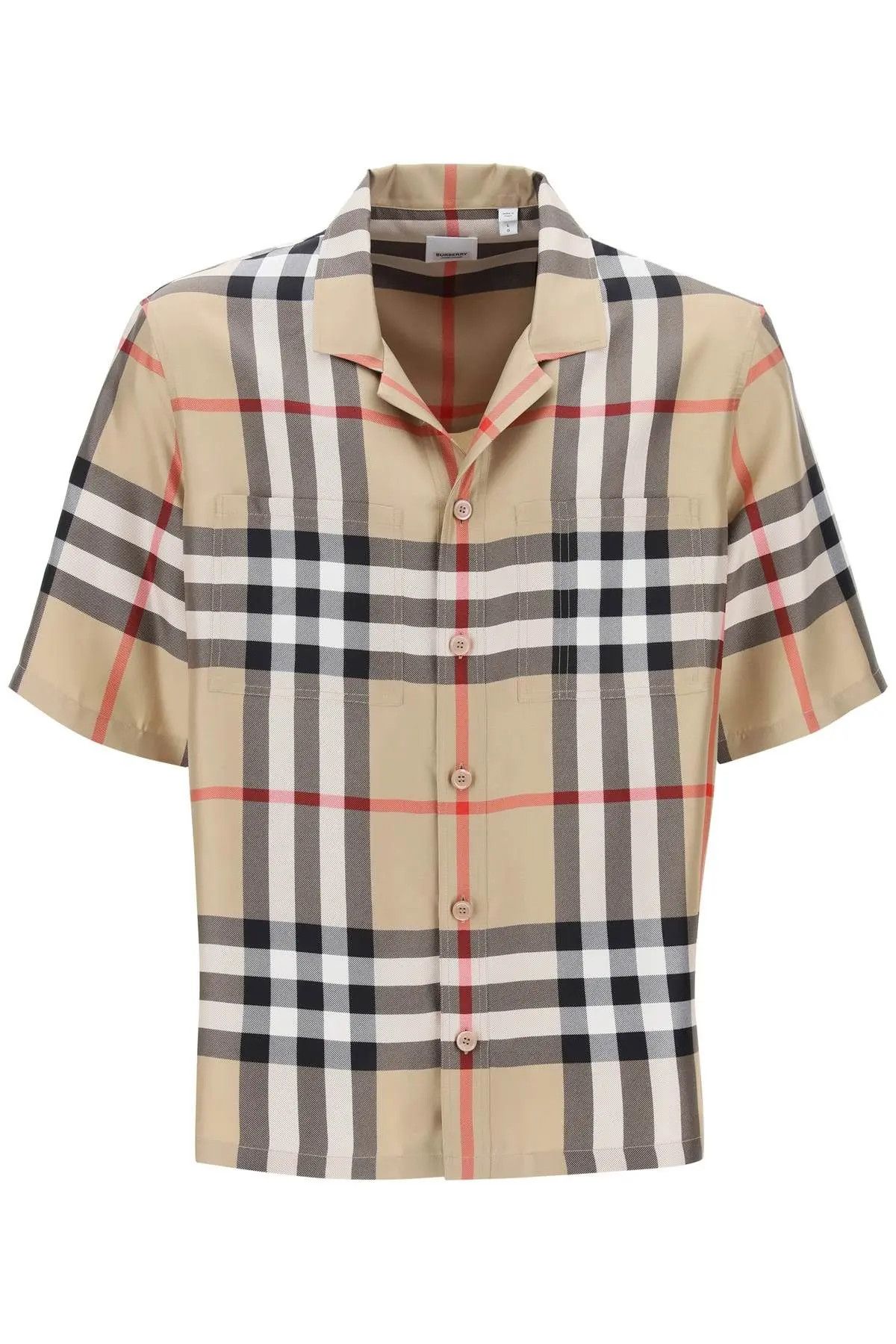 image of Burberry O1S22I1N0224 Tartan Silk Shirt In Beige/black/red, Men's (Size Large)