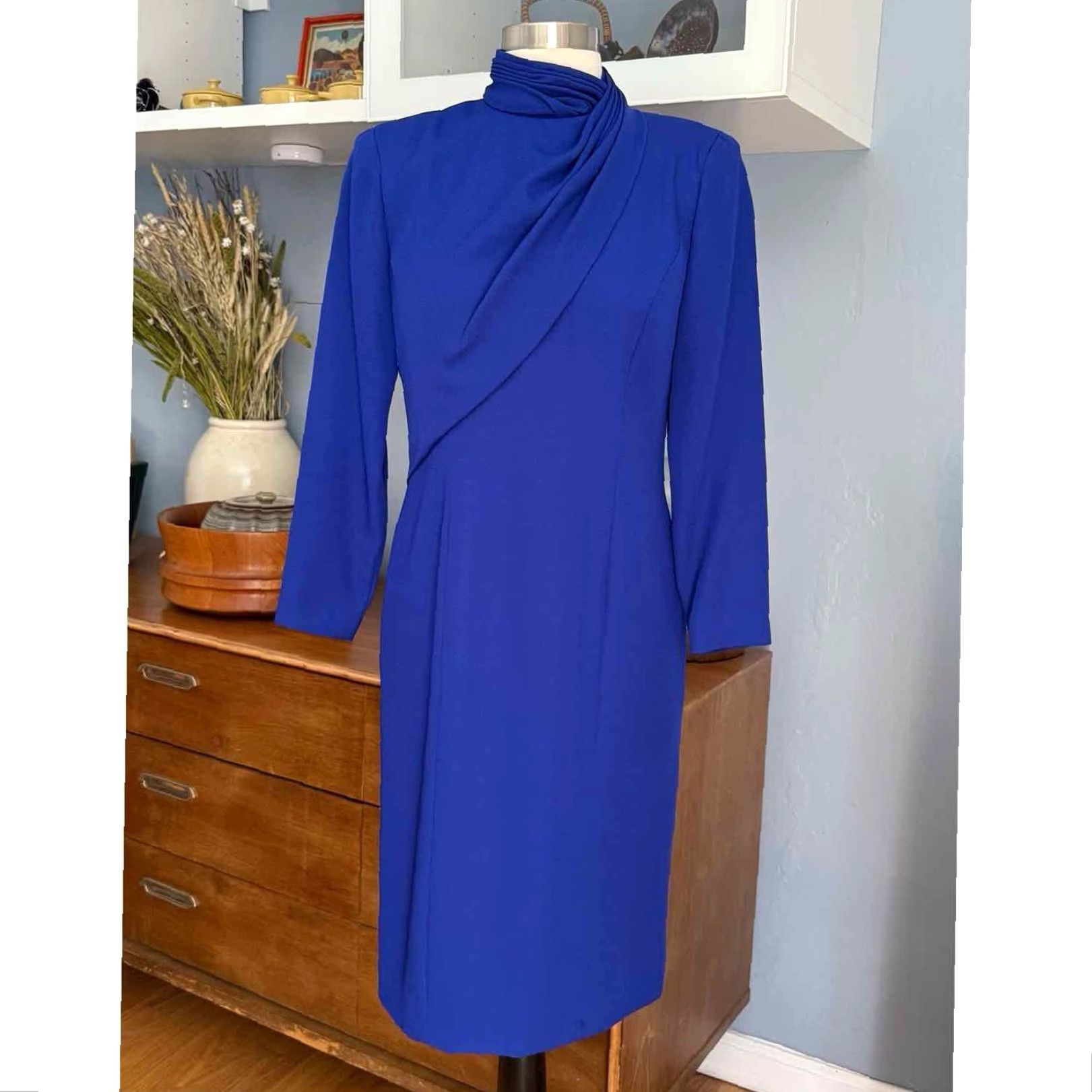 Vintage VINTAGE David Warren Drape Sheath Dress Blue 80s 90s 4P Petite Women Long Sleeve V-Neck Zip Size S / US 4 / IT 40 - 2 Thumbnail