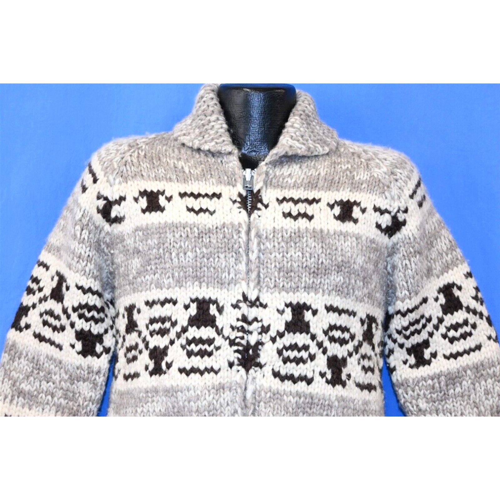 image of Vintage VTG 90's Cowichan Tuak Geometric Print Front Pockets Shawl Neck Wool Sweater S in White (Si