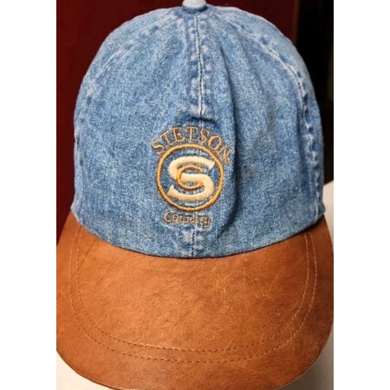 Stetson VINTAGE Stetson USA MADE Blue Jean Denim Cap Hat Leather Brim Strapback Baseball Cap Men Adjustable Size XS? No size given. Size US 35 - 2 Thumbnail