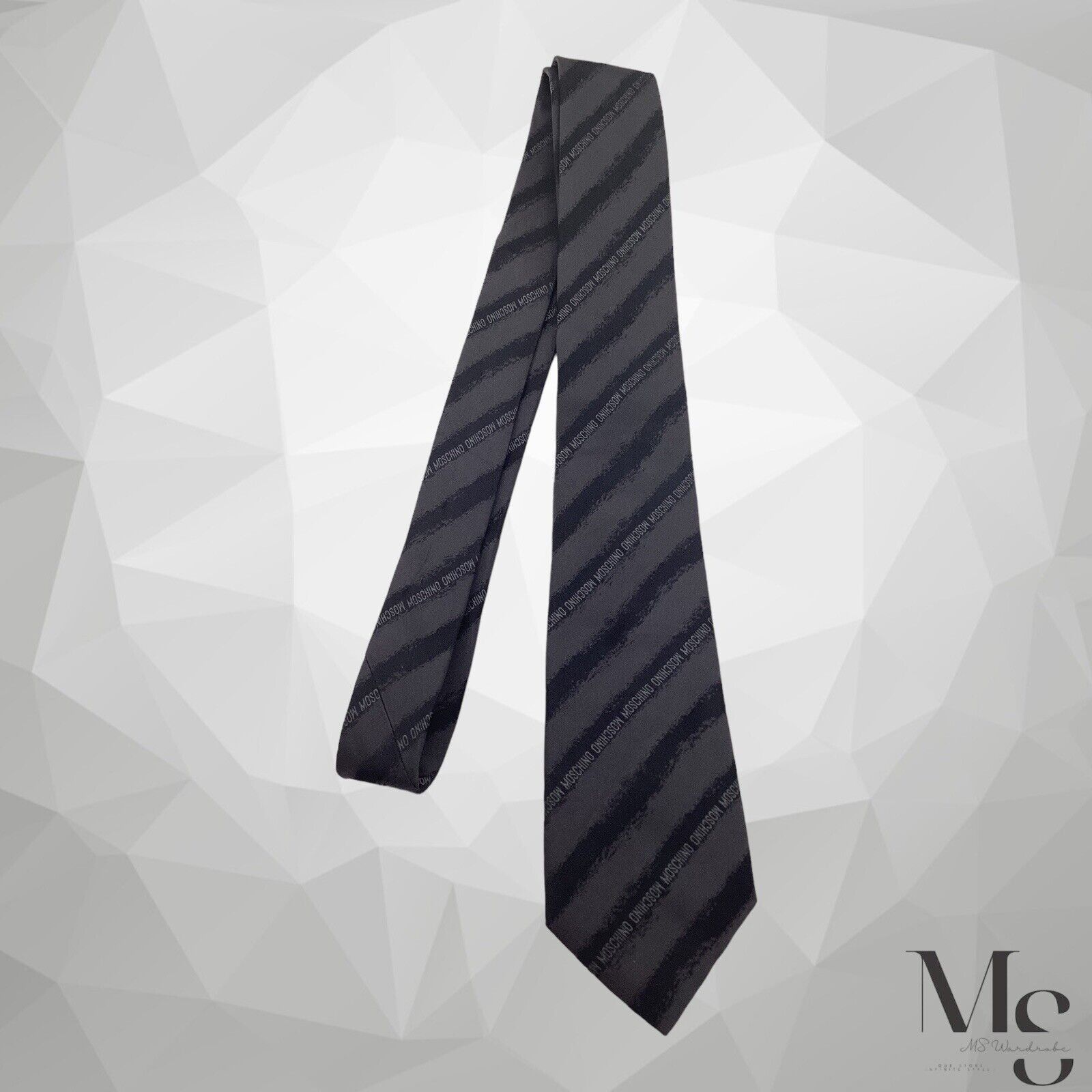 Moschino MOSCHINO Gray With Black Stripe Monogrammed Silk Tie Made In Size ONE SIZE - 4 Thumbnail