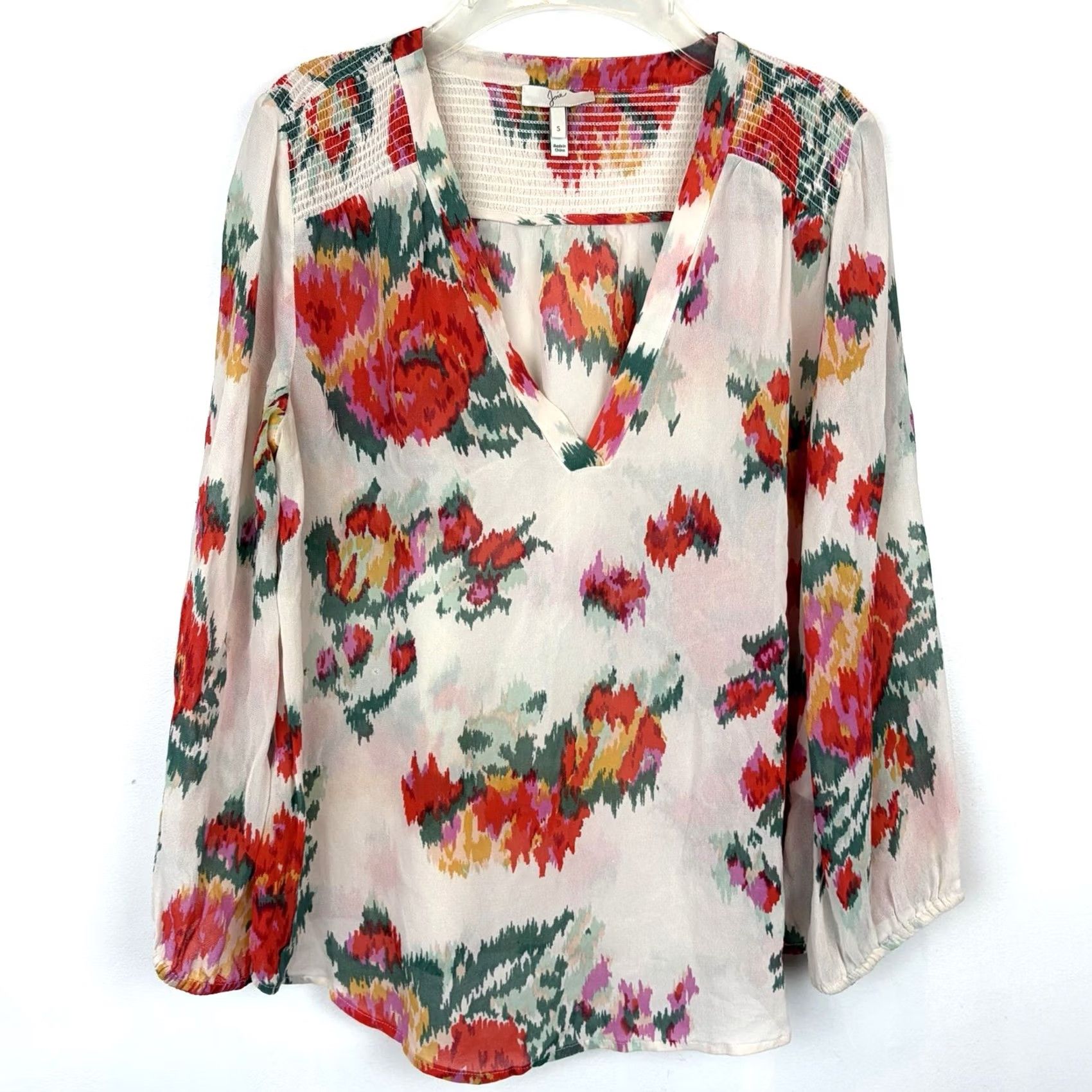 Joie JOIE Blouse Shirt Womens S Floral Tunic Sheer Silk Chiffon V-Neck Long Sleeve Button Dry Clean Only Ivory Peasant Smocked Boho Casual 100% Silk Size S / US 4 / IT 40 - 2 Thumbnail