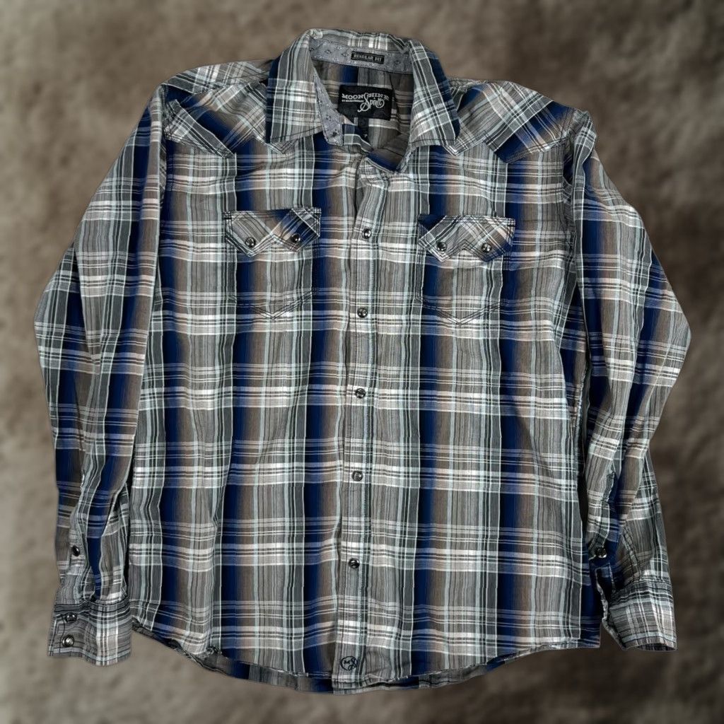 Vintage Moonshine Spirit Shirt Mens Medium Blue Plaid Western Snap Front Regular Fit Size US M / EU 48-50 / 2 - 1 Thumbnail