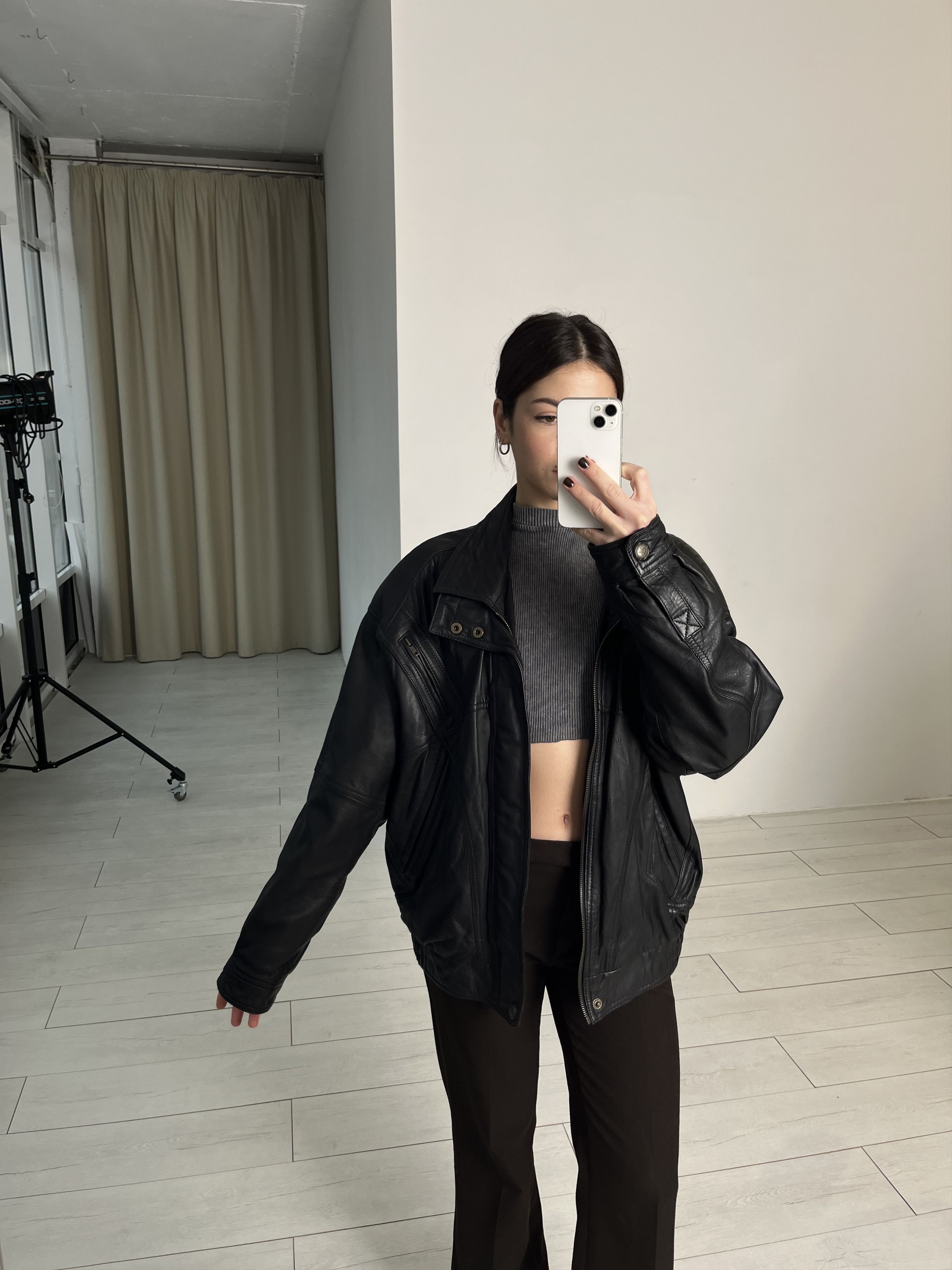 image of 90's Vintage Oversize Bomber Motorcycle Pilot Leather Jacket in Black, Women's