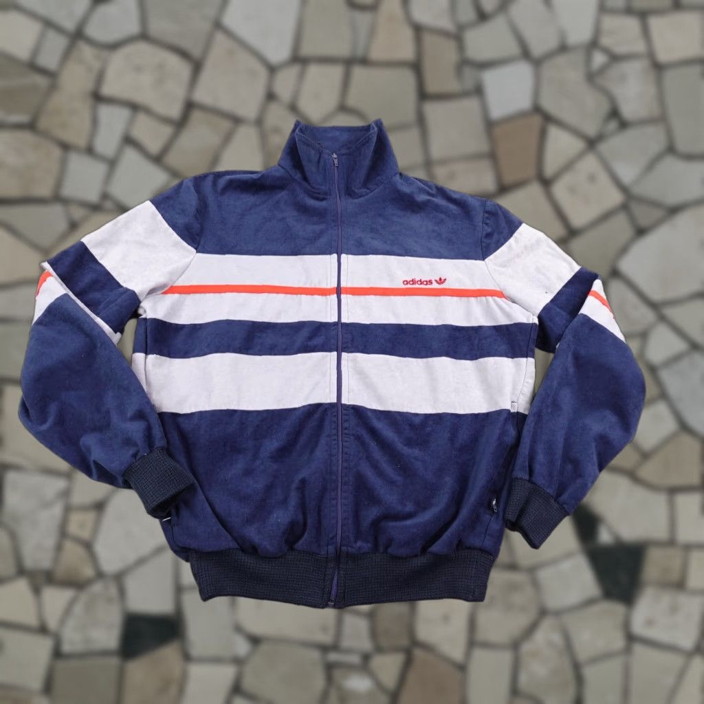 Adidas VINTAGE Adidas Jacket Men Medium Blue Stripe Velour Track Coat France 80s Sports Retro Full Zip Pockets Size US M / EU 48-50 / 2 - 1 Thumbnail