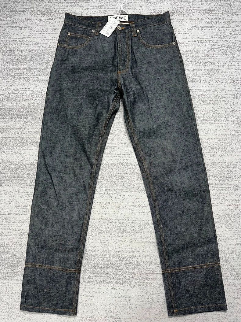 LOEWE Black and gray leather embroidered logo jeans