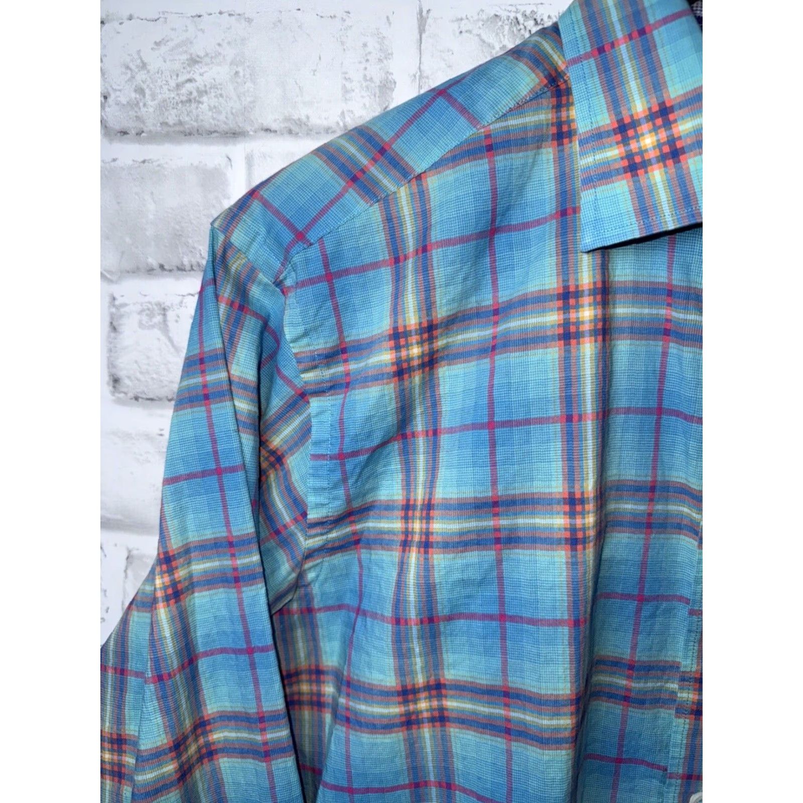 BUGATCHI Bugatchi Plaid Shaped Fit Button Down Mens Dress Shirt Blue Multi Color M Size 40R - 4 Thumbnail