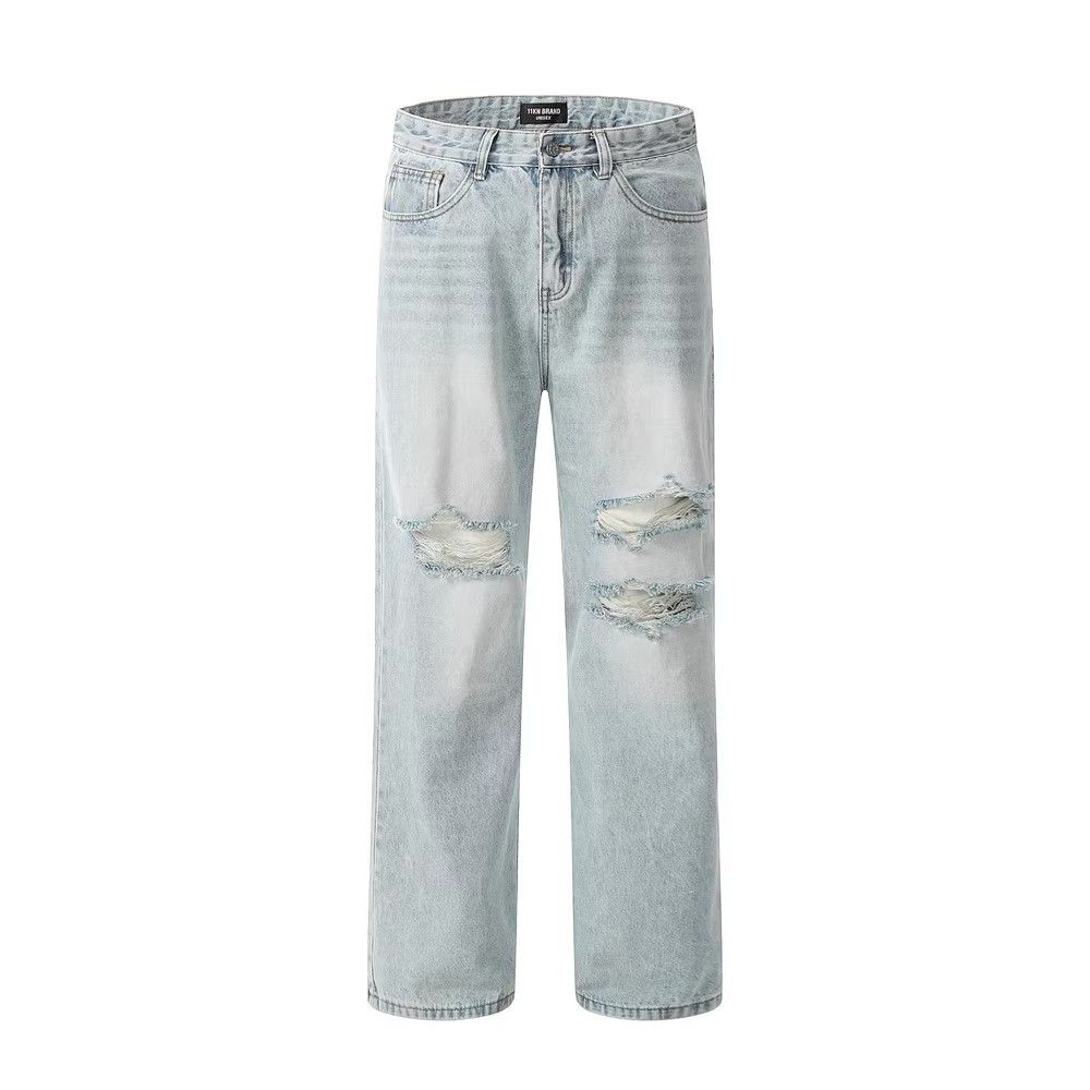 Men's street retro straight loose washed ripped jeans