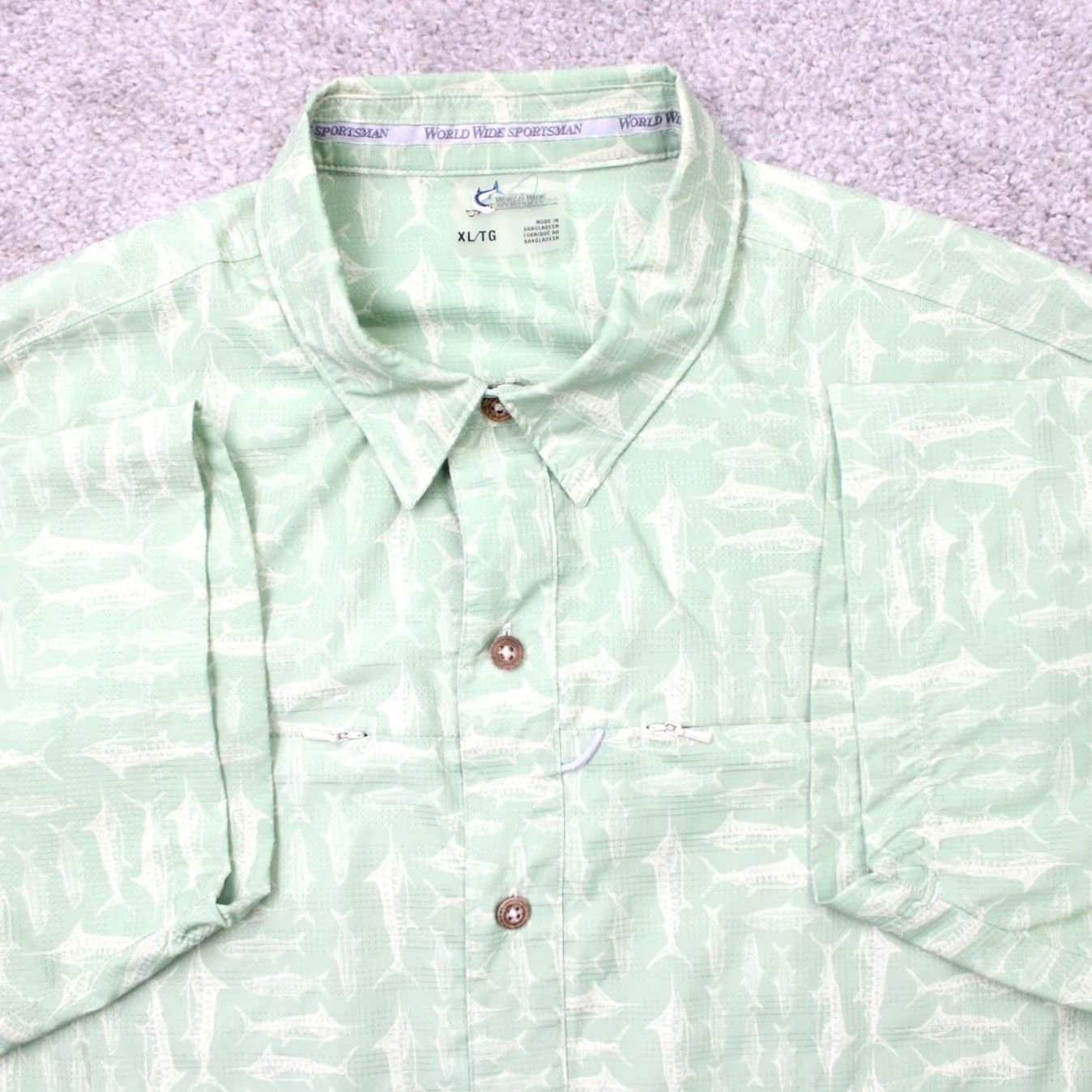 Vintage World Wide Sportsman AOP Shirt Mens XL Green Fish All Over Print Short Sleeve Button-Up Shirt Size US XL / EU 56 / 4 - 2 Thumbnail