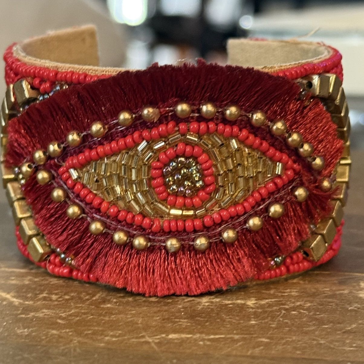 Other Handmade red and gold beaded evil eye wide cuff bracelet Size ONE SIZE - 3 Thumbnail