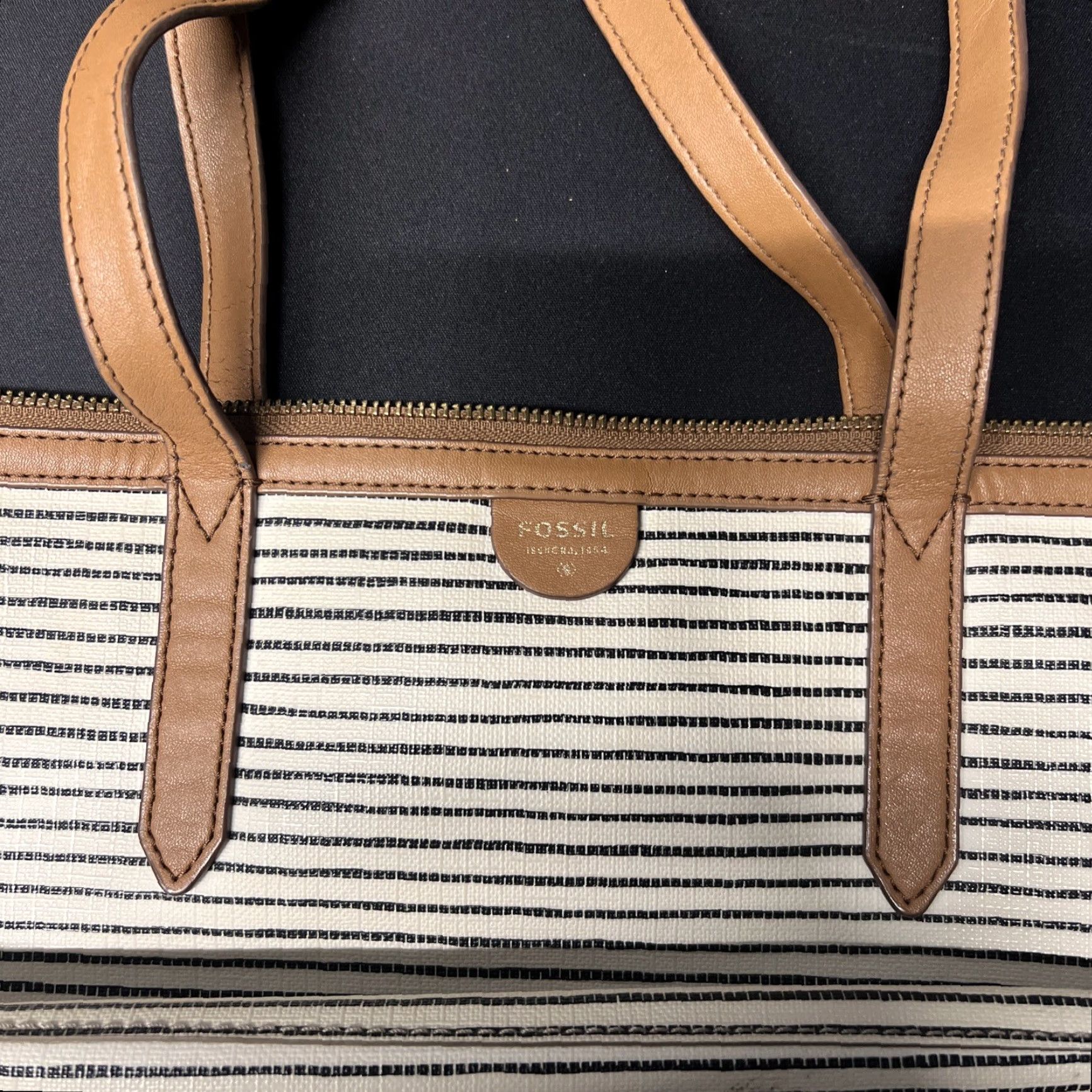 Fossil Fossil Tote Bag Blue Exterior Striped Coated Fabric Large Zip Tote Woman's Fossil Bag Accessories Size ONE SIZE - 2 Thumbnail
