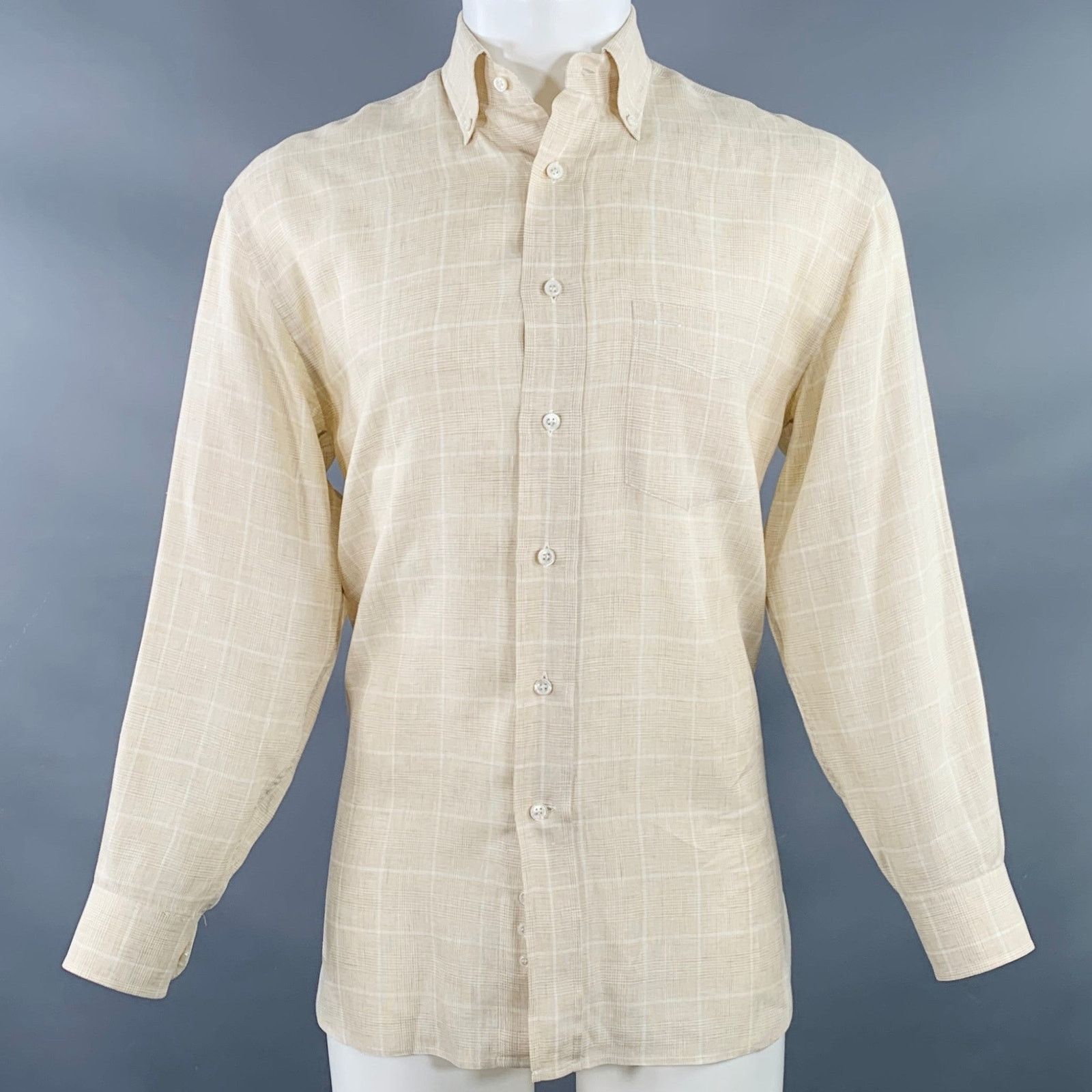 Faconnable Beige White Window Pane Linen One Pocket Long Sleeve Shirt Size US S / EU 44-46 / 1 - 1 Thumbnail