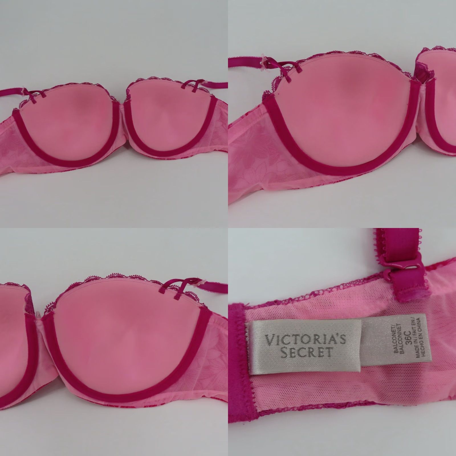 Victoria's Secret Victoria's Secret Balconet Bra 36C Pink Floral Lace Padded Underwire Bow Womens Size ONE SIZE - 8 Thumbnail