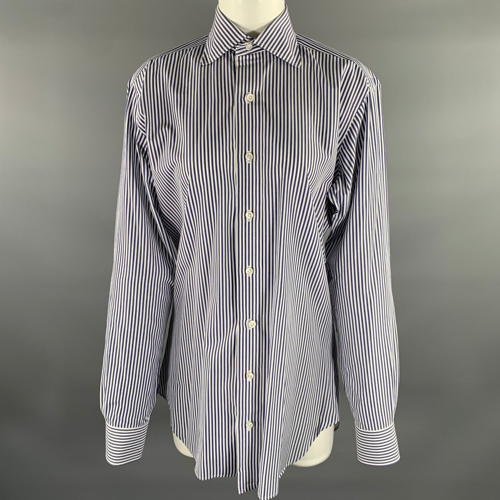 Hamilton Size S White Navy Stripe Cotton Spread Collar L/S Shirt Size US S / EU 44-46 / 1 - 1 Thumbnail