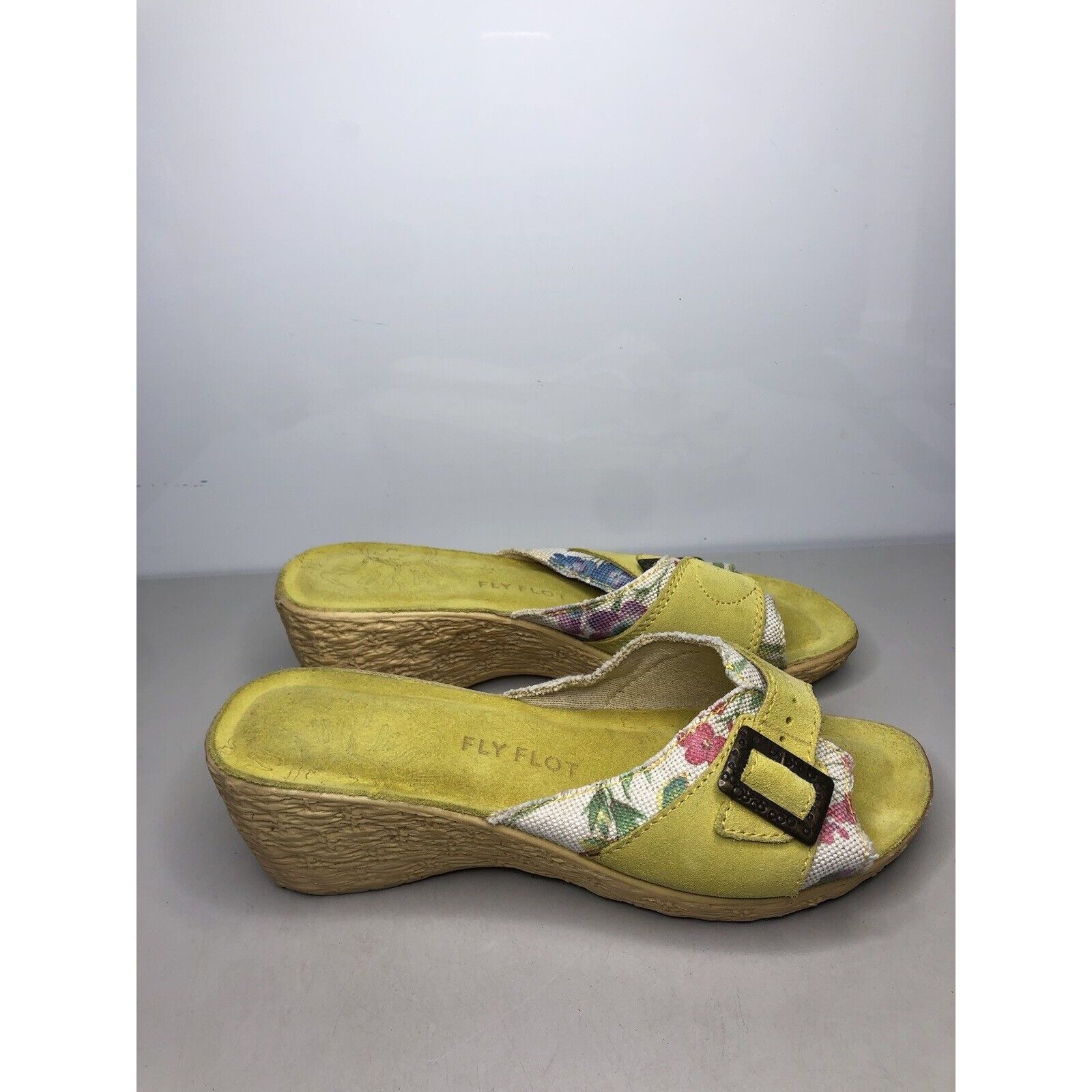 Other FLY FLOT Anti Shock Yellow Suede Floral Buckle Wedge Sandals Size US 10.5 / IT 40.5 - 1 Thumbnail