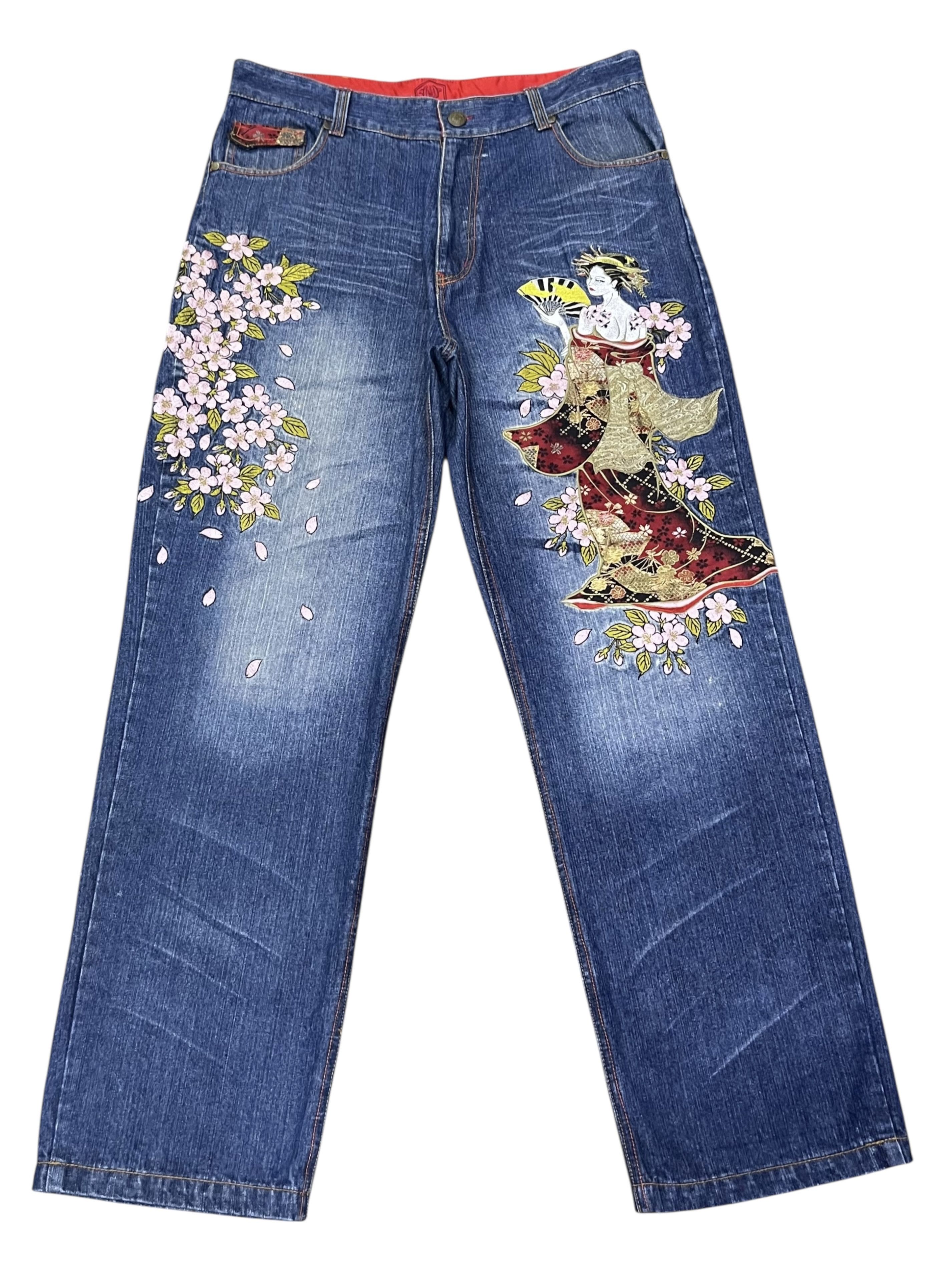 Addict Clothes Japan GEISHA & SAKURA Big Embroidery Baggy Fit Karakuri Denim Jpn Size US 35 - 5 Thumbnail