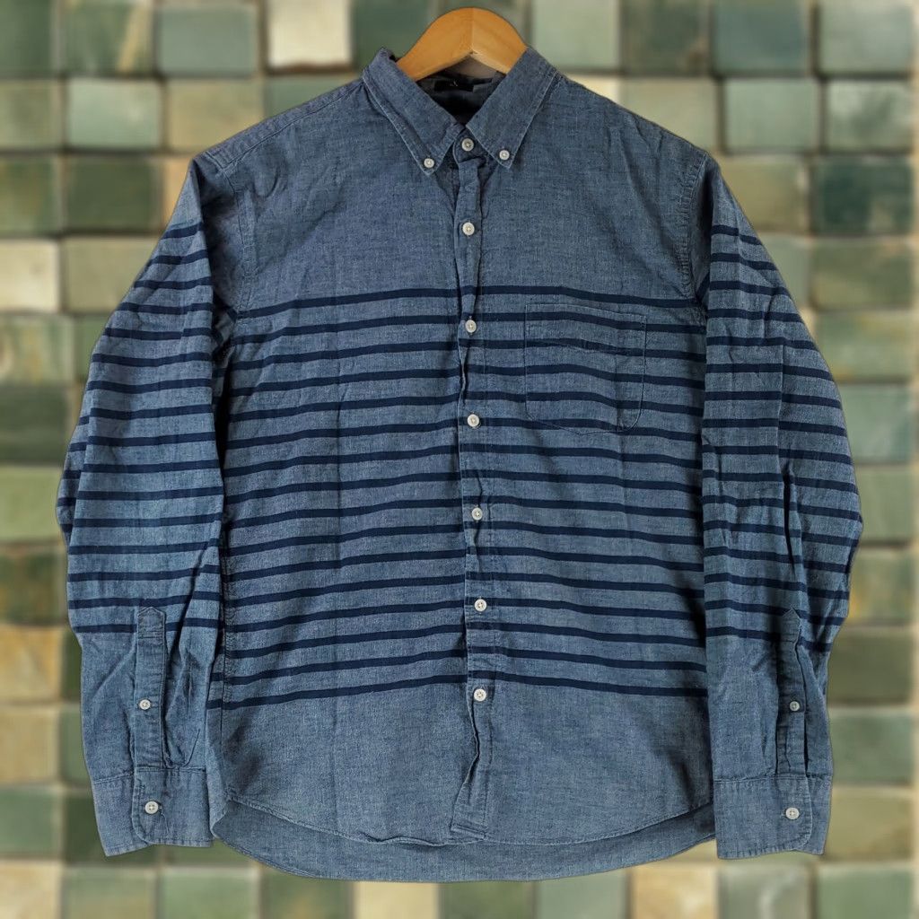 J.Crew J.CREW Shirt Chambray Button-Down Blue Striped Slim Long Sleeve Mens L Size US L / EU 52-54 / 3 - 1 Thumbnail