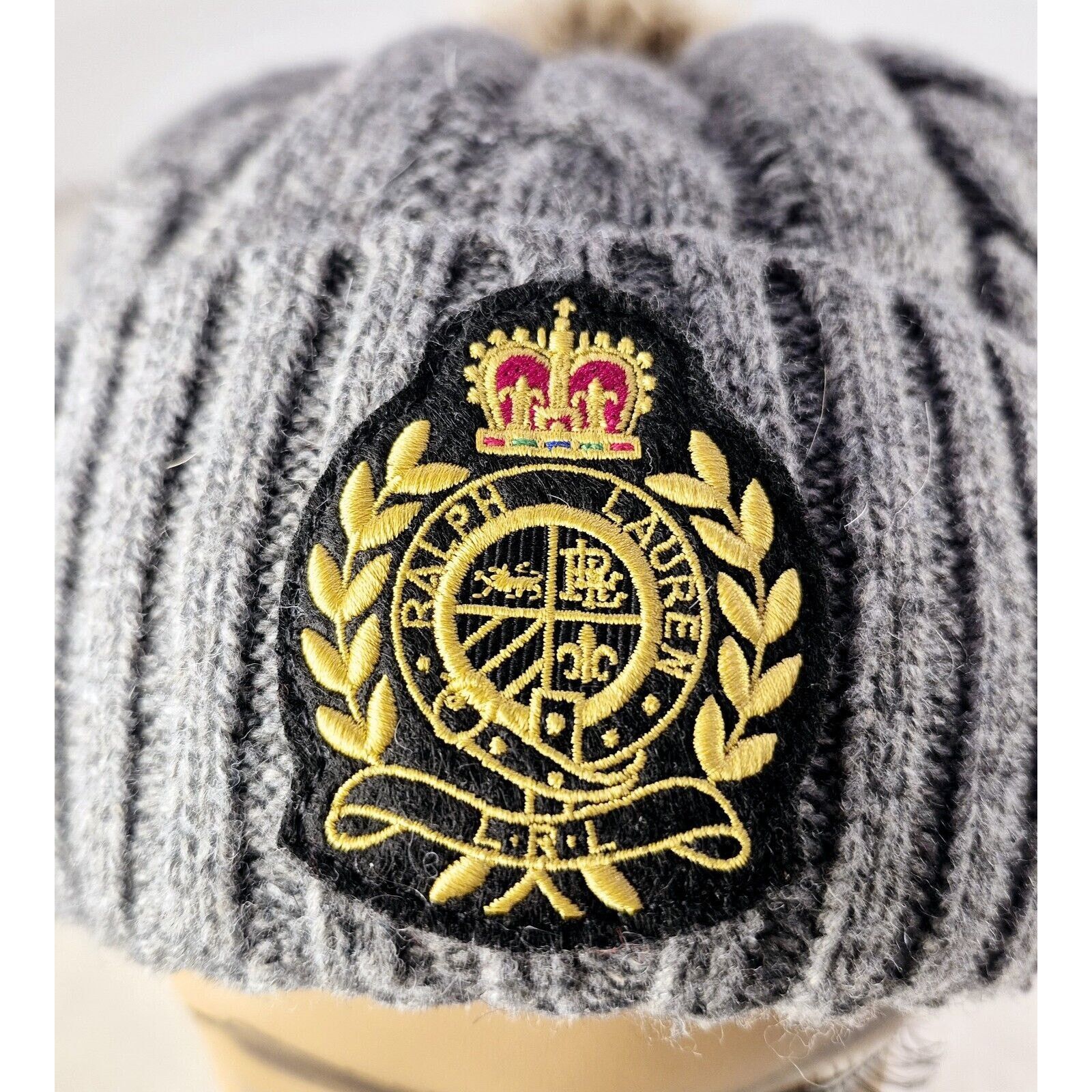 Lauren Ralph Lauren Ralph Lauren Knit Pom Beanie Logo Crest Cuff Hat Gray OSFM Size ONE SIZE - 2 Thumbnail