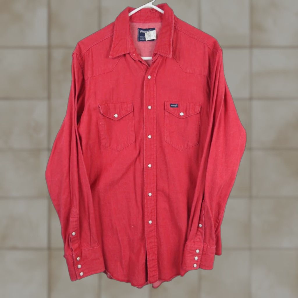 Wrangler Wrangler Shirt Mens 17-35 Red Brushpopper Pearl Snap Long Sleeve Western Rodeo Shirt Mens Regular Red Cotton Canvas Size US XL / EU 56 / 4 - 1 Thumbnail