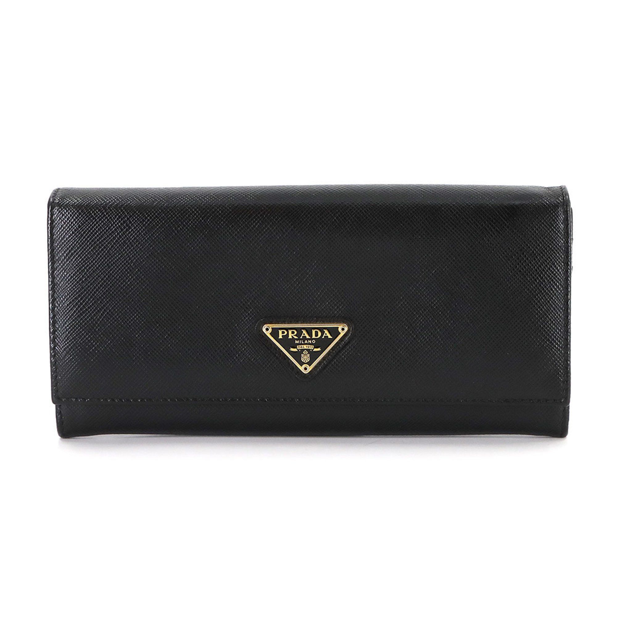 Prada Saffiano Bifold Long Wallet in Black Leather with Gold