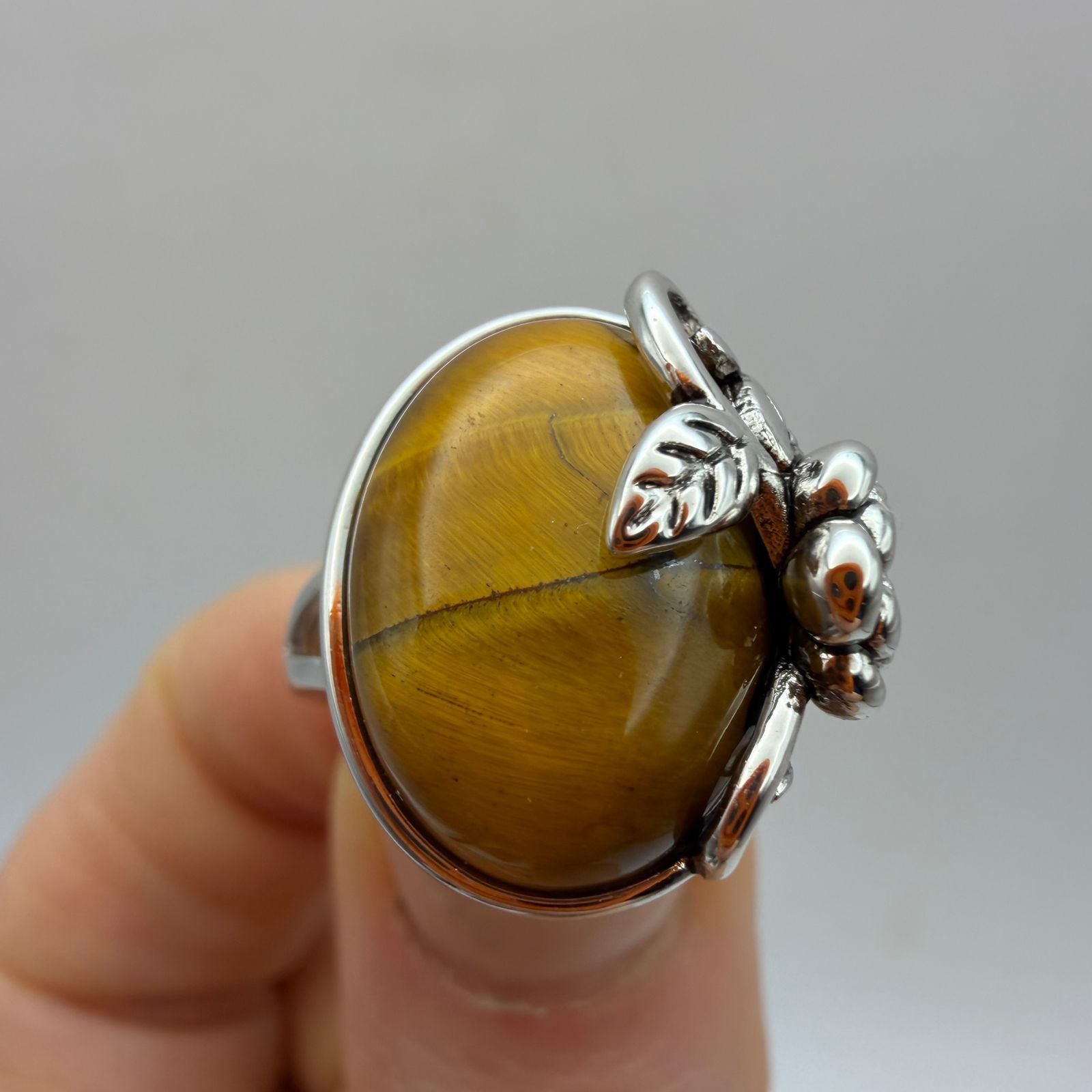 Sterling Silver 925 Silver Tiger Eye Ring Vintage Flower Adjustable Size ONE SIZE - 10 Thumbnail